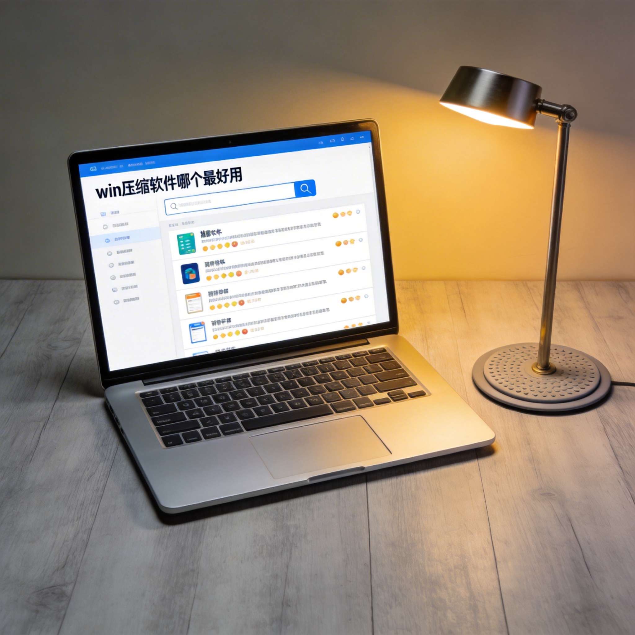 电脑桌上的电脑，屏幕显示win 压缩软件哪个最好用界面，旁边放着台灯
