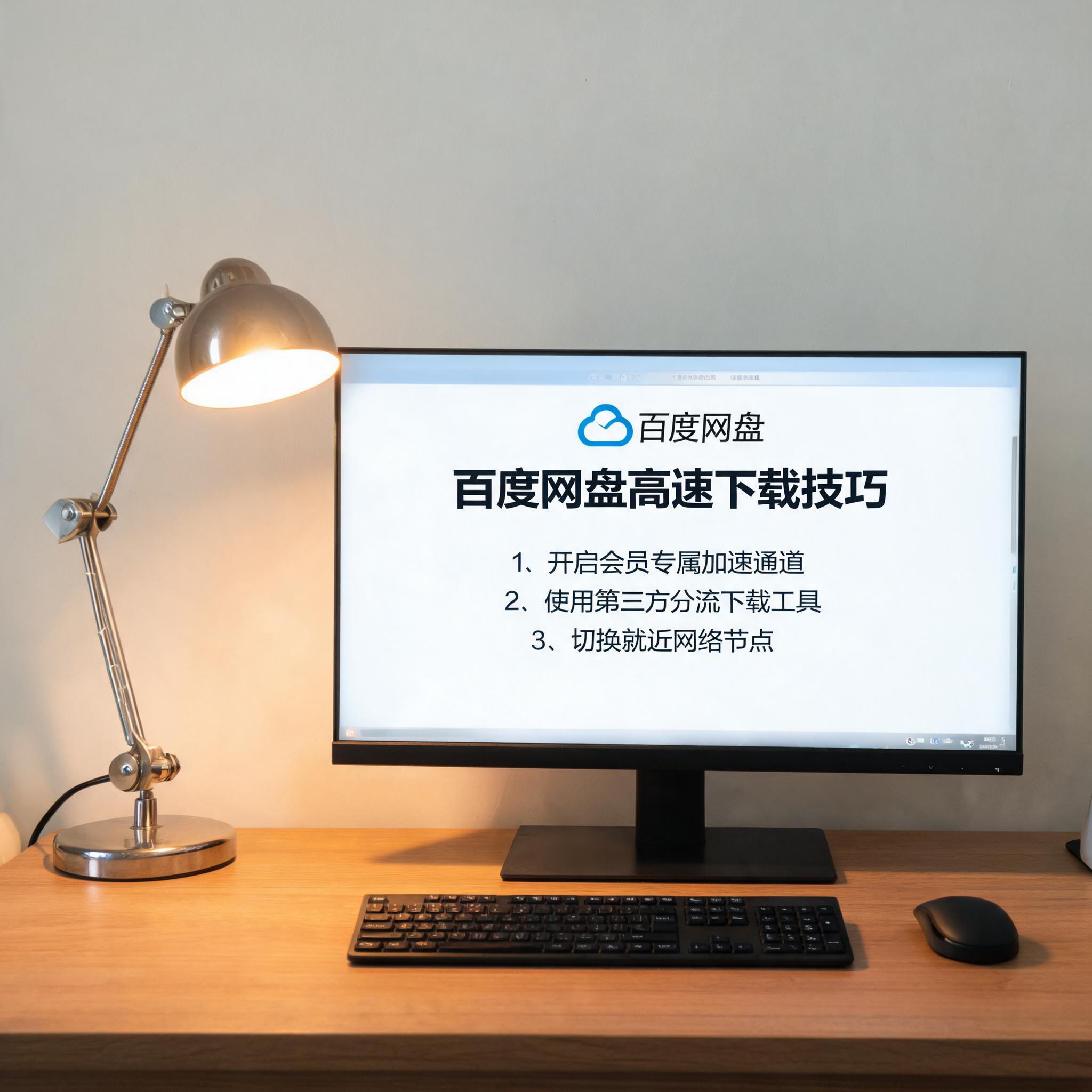 电脑桌上的电脑，屏幕显示百度网盘高速下载技巧界面，旁边放着台灯