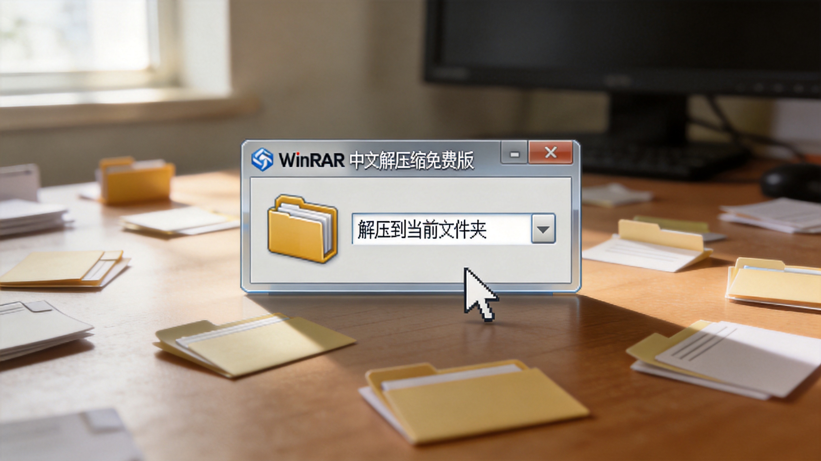 电脑桌面的压缩包右键菜单展开，显示winrar中文解压缩免费版的“解压到当前文件夹”选项，桌面有零散文件夹，室内自然光