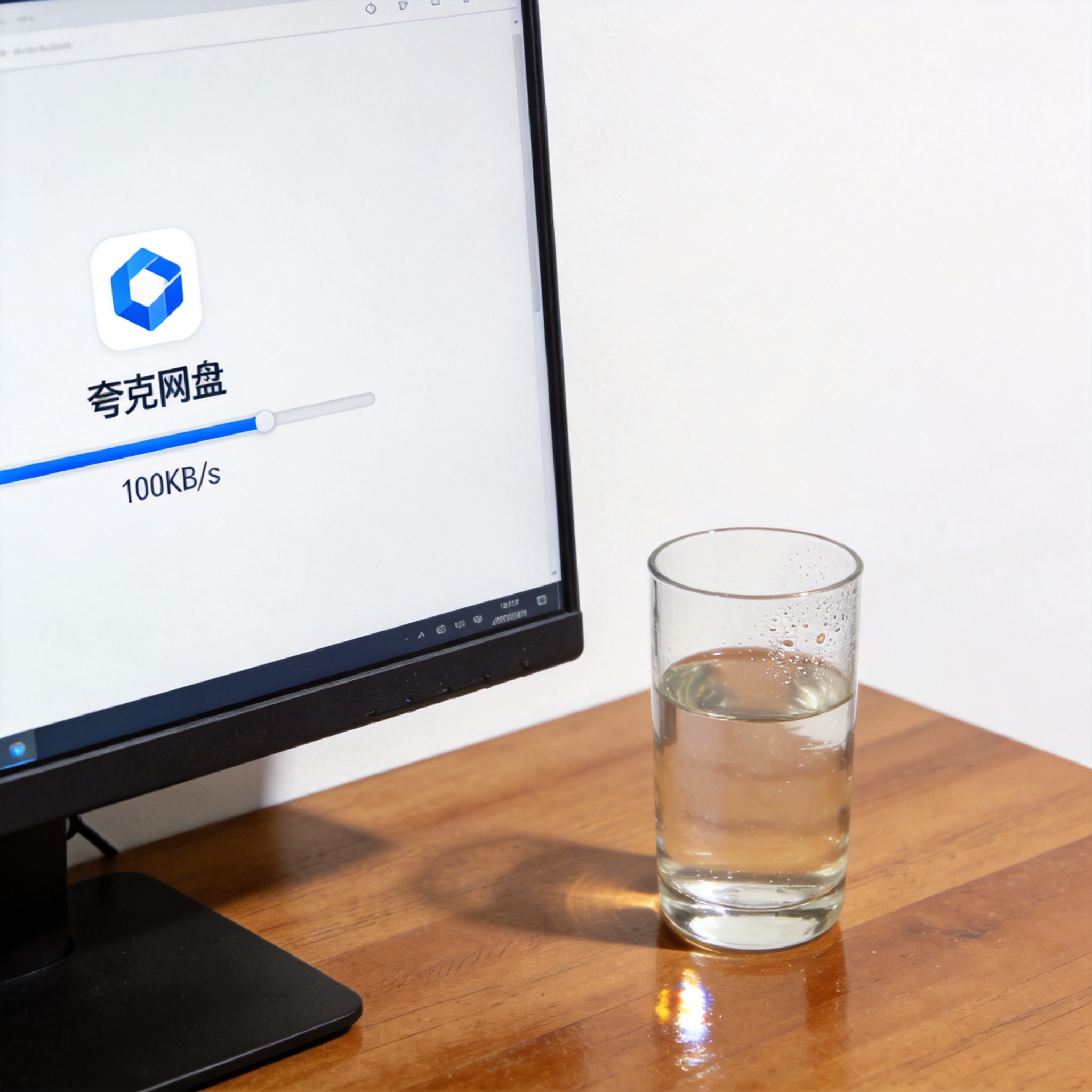 电脑放在桌面上，屏幕显示夸克网盘下载界面，进度条旁显示当前速度100KB/s，旁边放着半杯水，室内自然光
