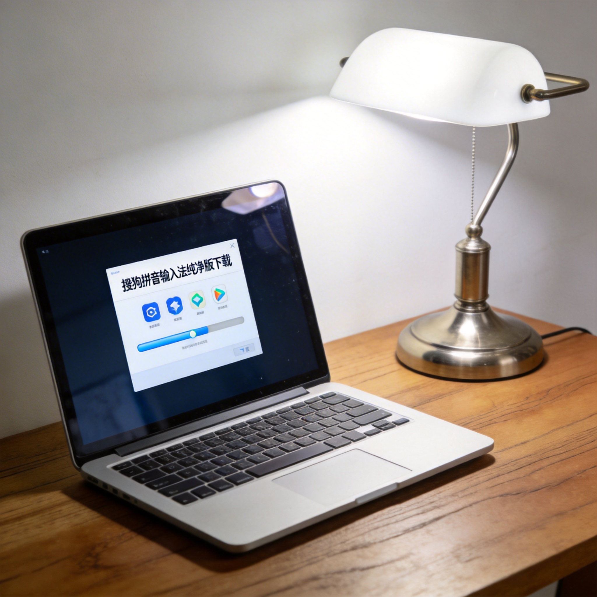电脑桌上的电脑，屏幕显示搜狗拼音输入法纯净版下载界面，旁边放着台灯