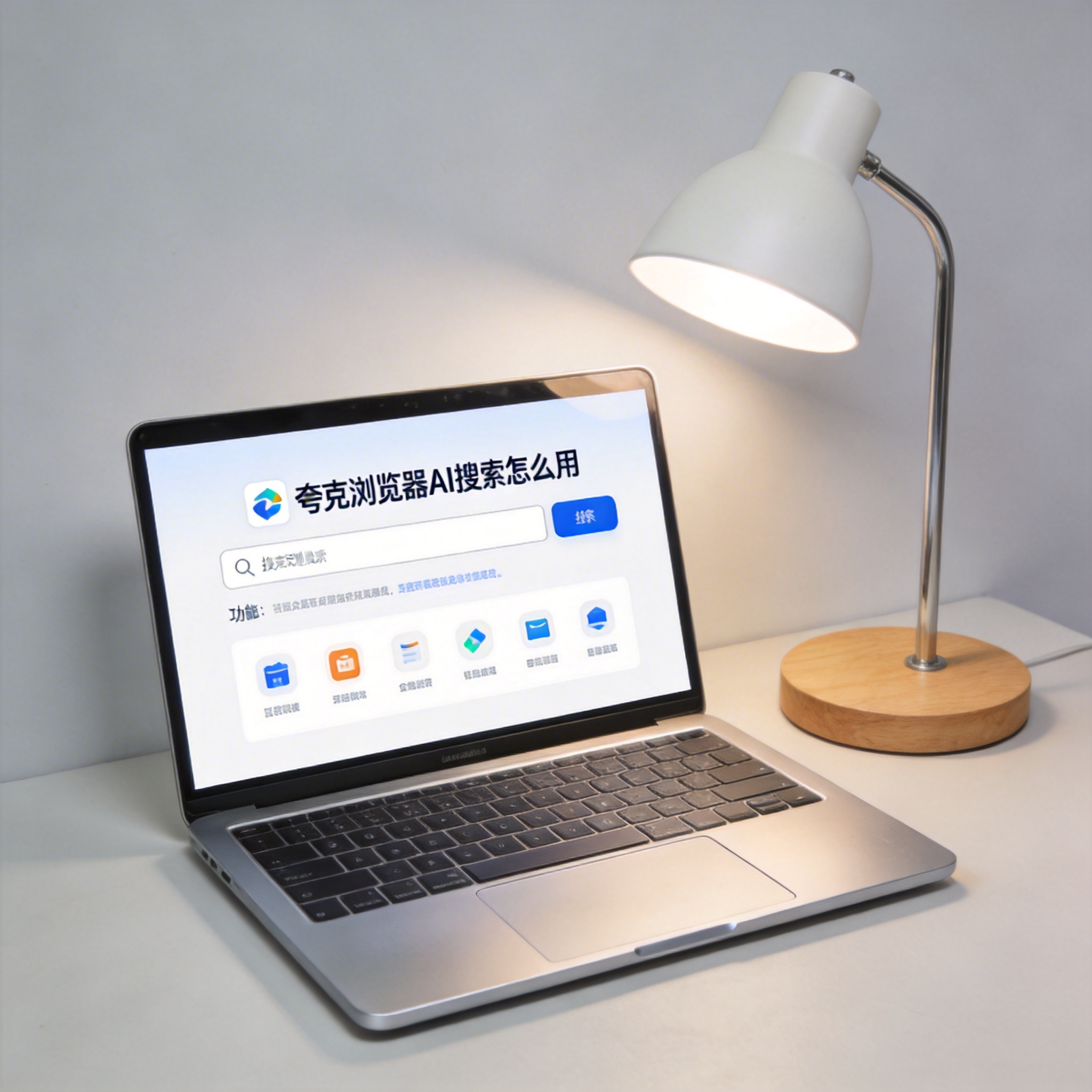 电脑桌上的电脑，屏幕显示夸克浏览器 AI 搜索怎么用界面，旁边放着台灯