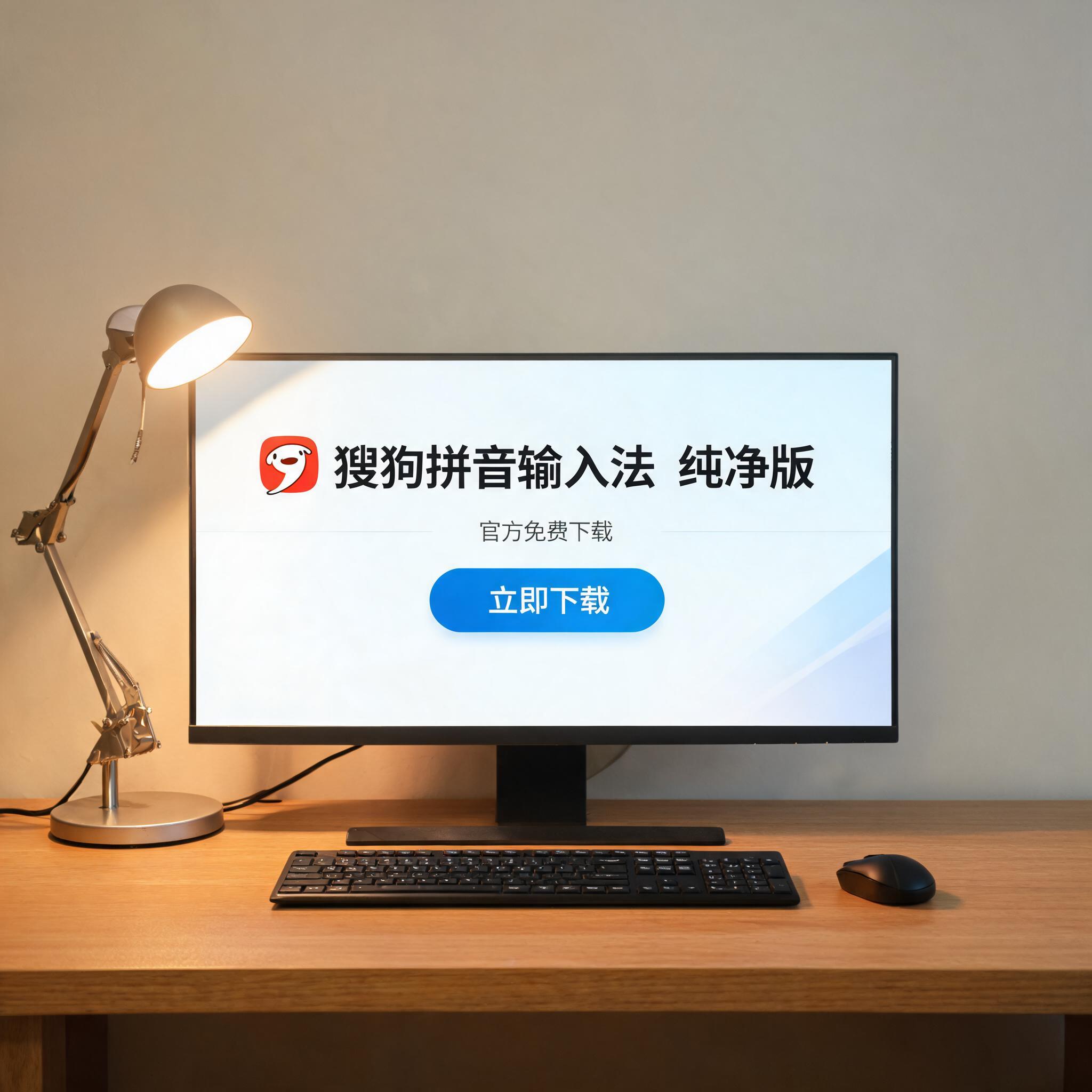 电脑桌上的电脑，屏幕显示搜狗拼音输入法纯净版下载界面，旁边放着台灯