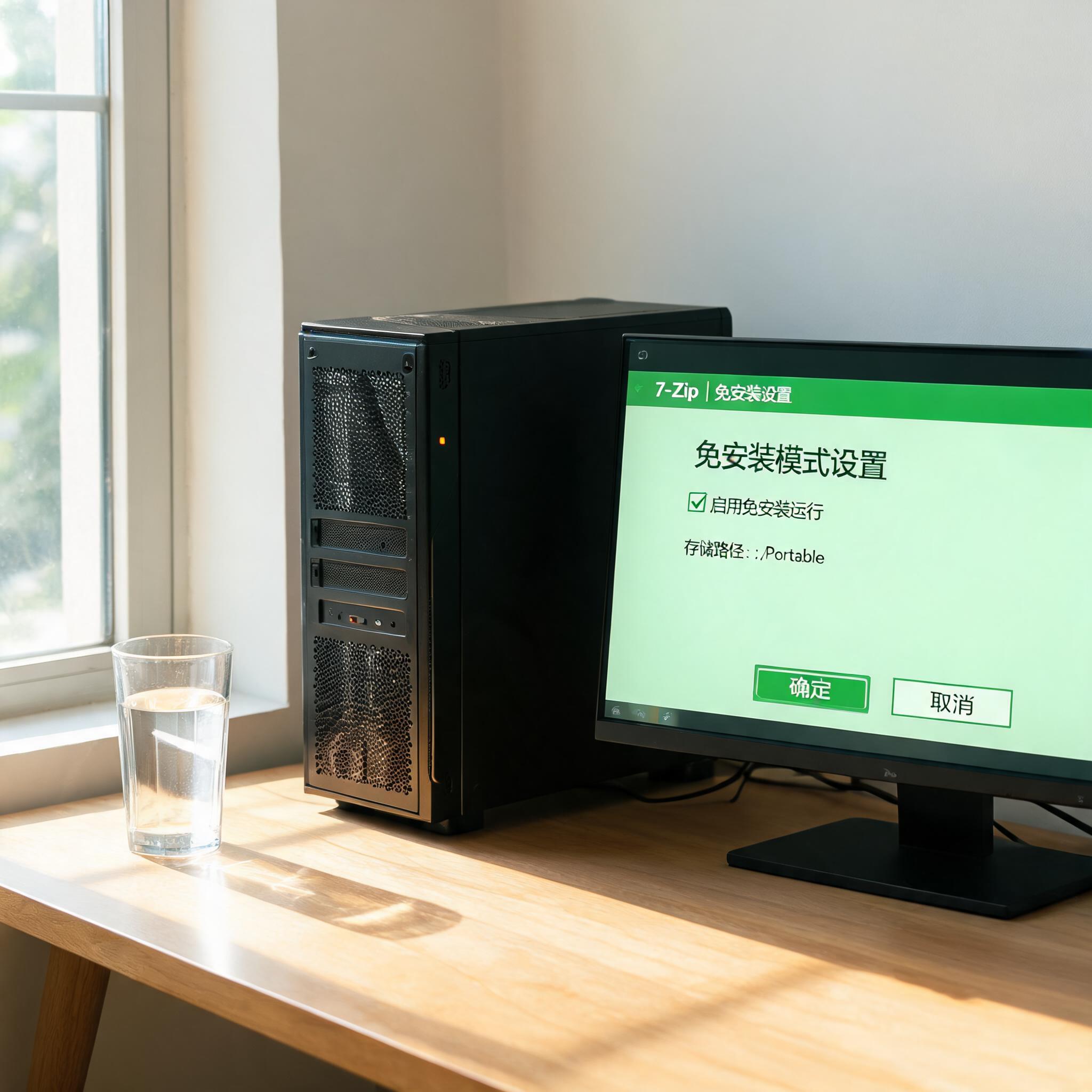 书桌上的主机，屏幕显示绿色版解压缩工具免安装设置界面，桌角放着水杯，自然光