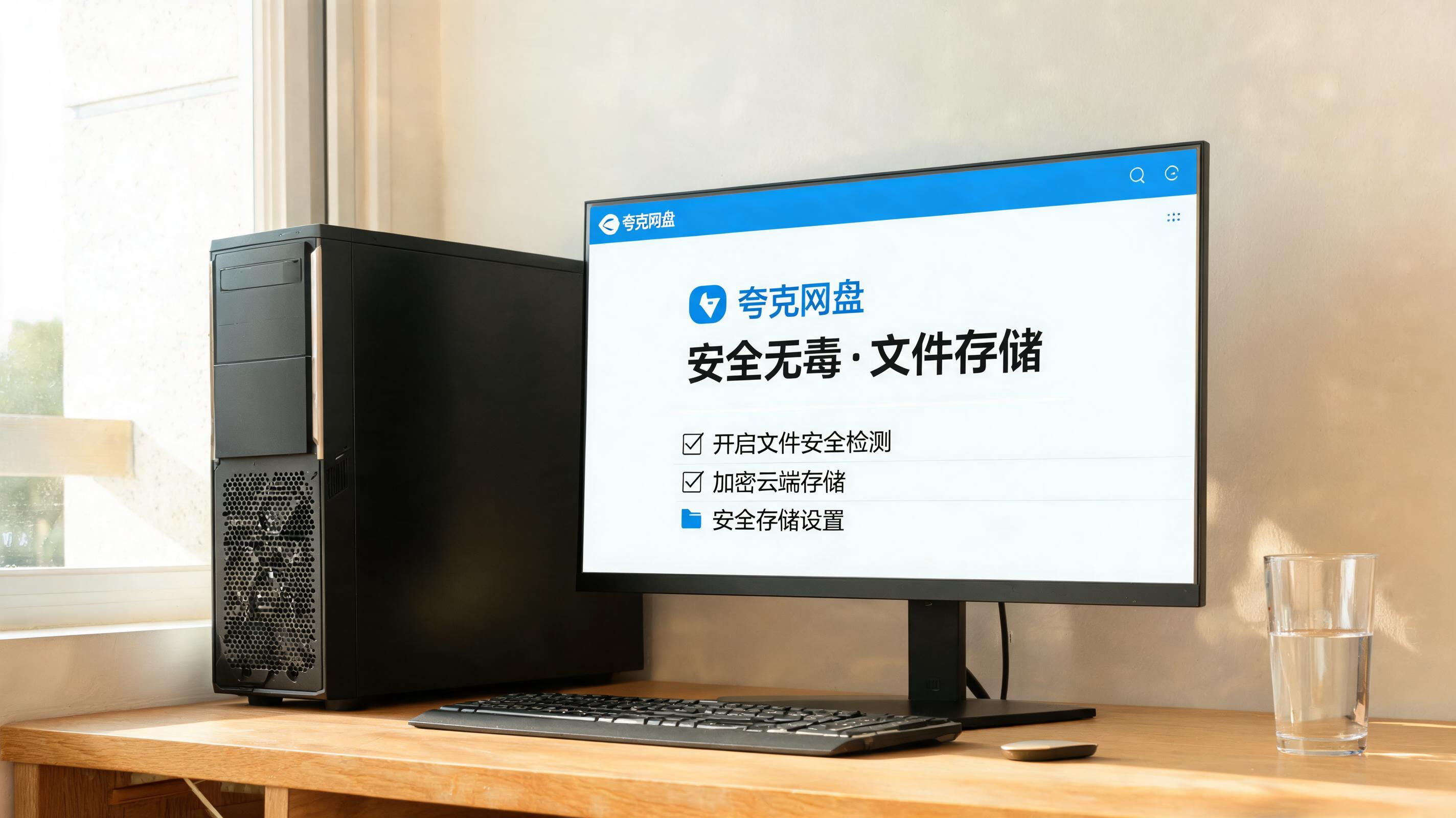书桌上的主机，屏幕显示夸克网盘安全无毒文件存储设置界面，桌角放着水杯，自然光