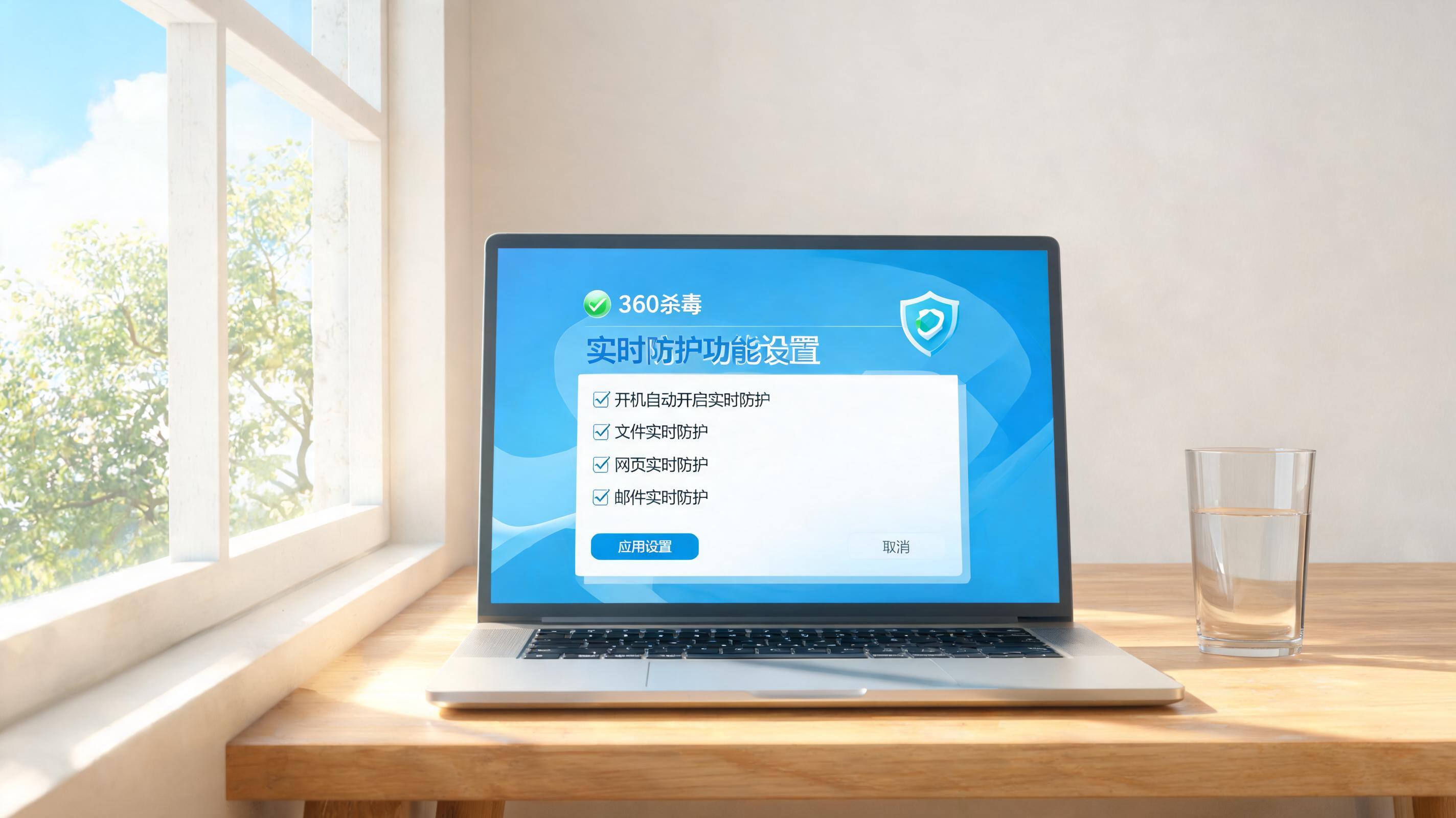 书桌上的电脑，屏幕显示360 杀毒实时防护功能设置界面，桌角放着水杯，自然光
