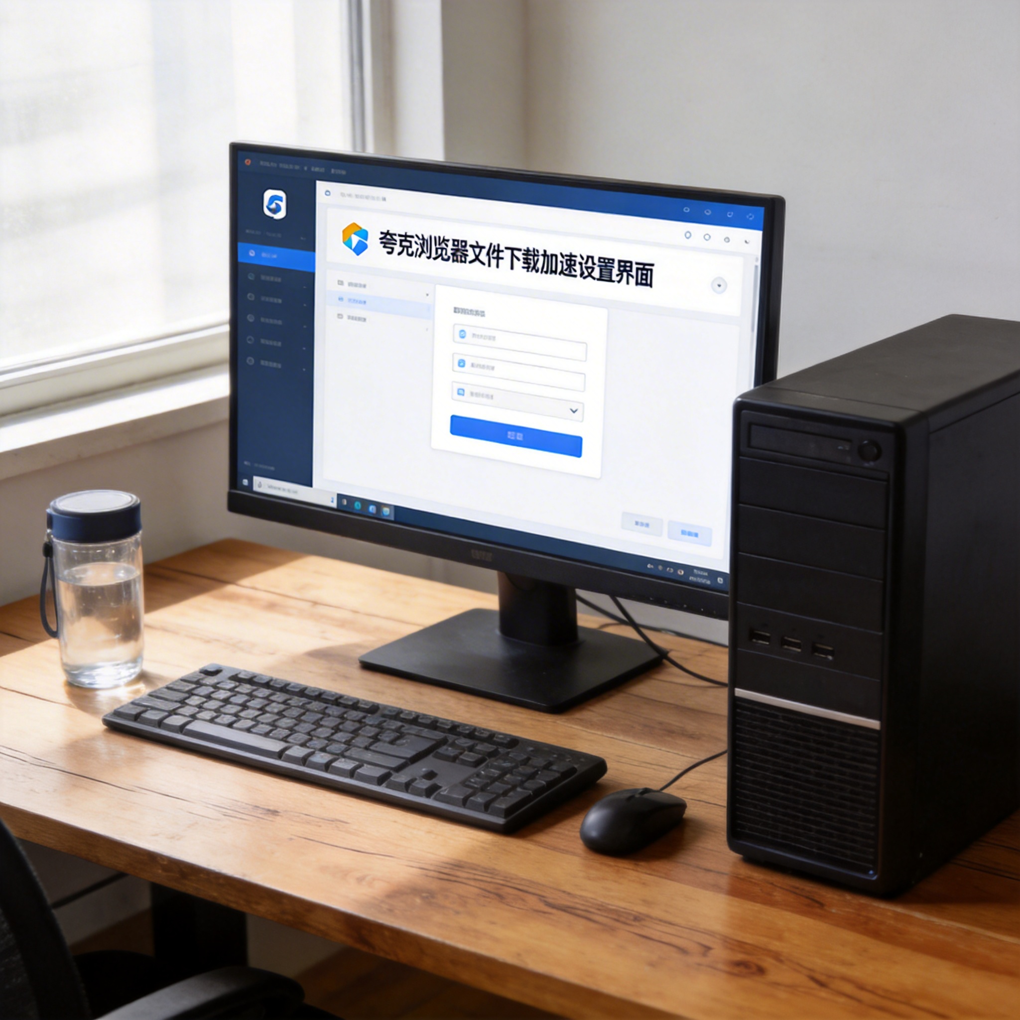 书桌上的主机，屏幕显示夸克浏览器文件下载加速设置界面，桌角放着水杯，自然光