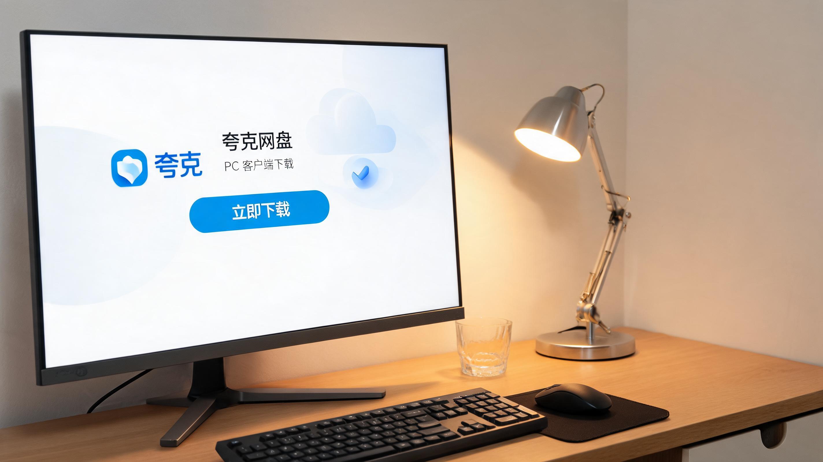 电脑桌上的电脑，屏幕显示夸克网盘 PC 客户端下载界面，旁边放着台灯