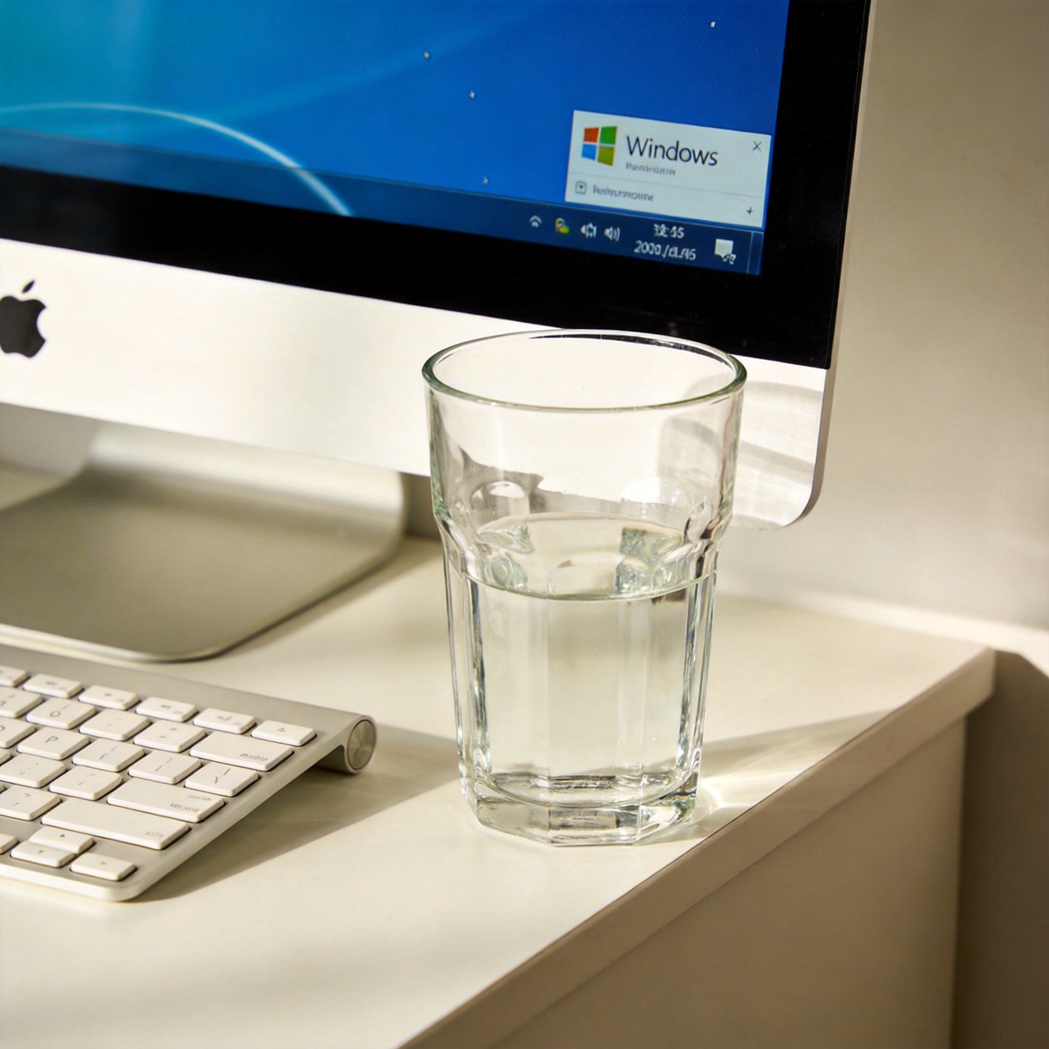 书桌上的电脑，屏幕显示Windows设置界面，桌角放着水杯，自然光