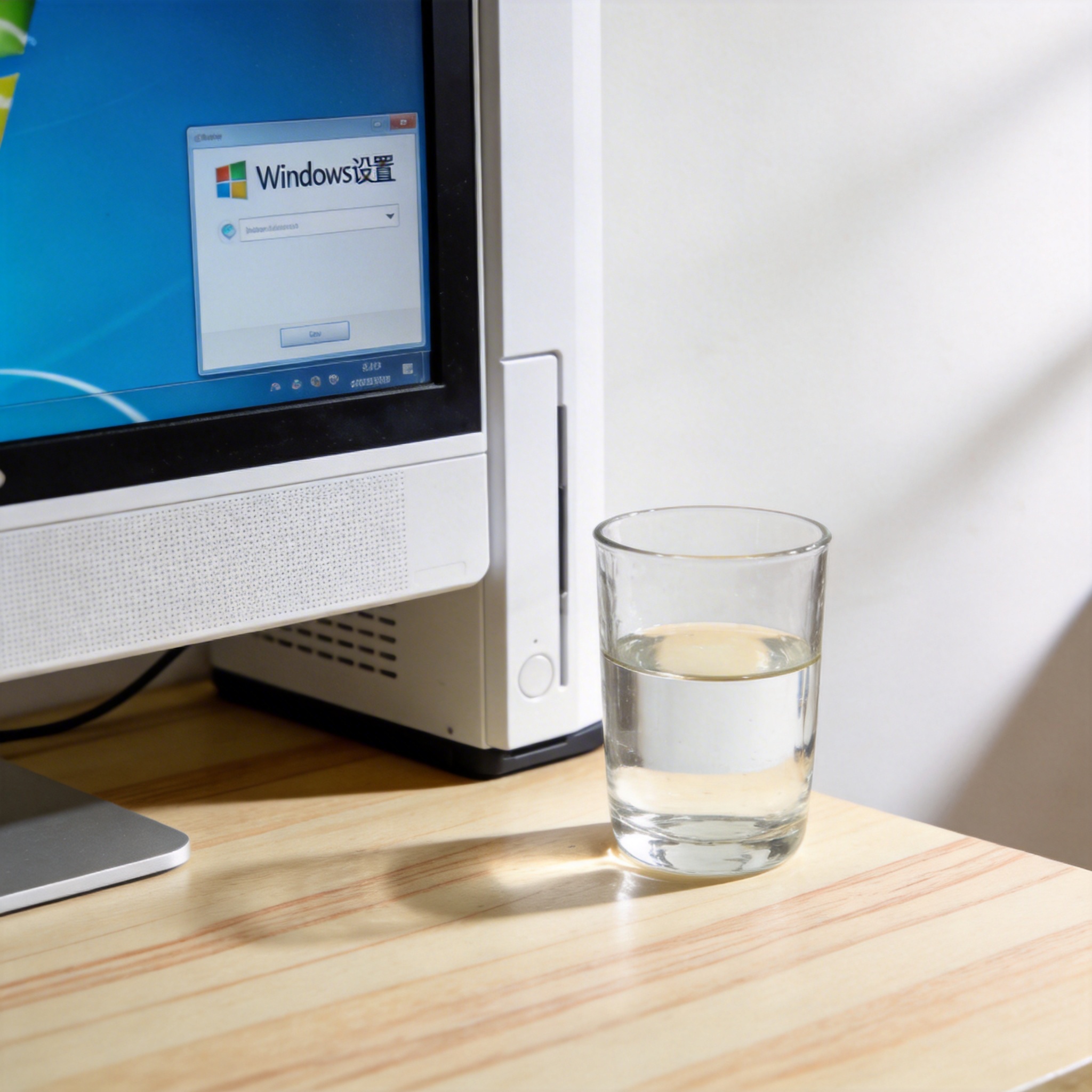书桌上的主机，屏幕显示Windows设置界面，桌角放着水杯，自然光