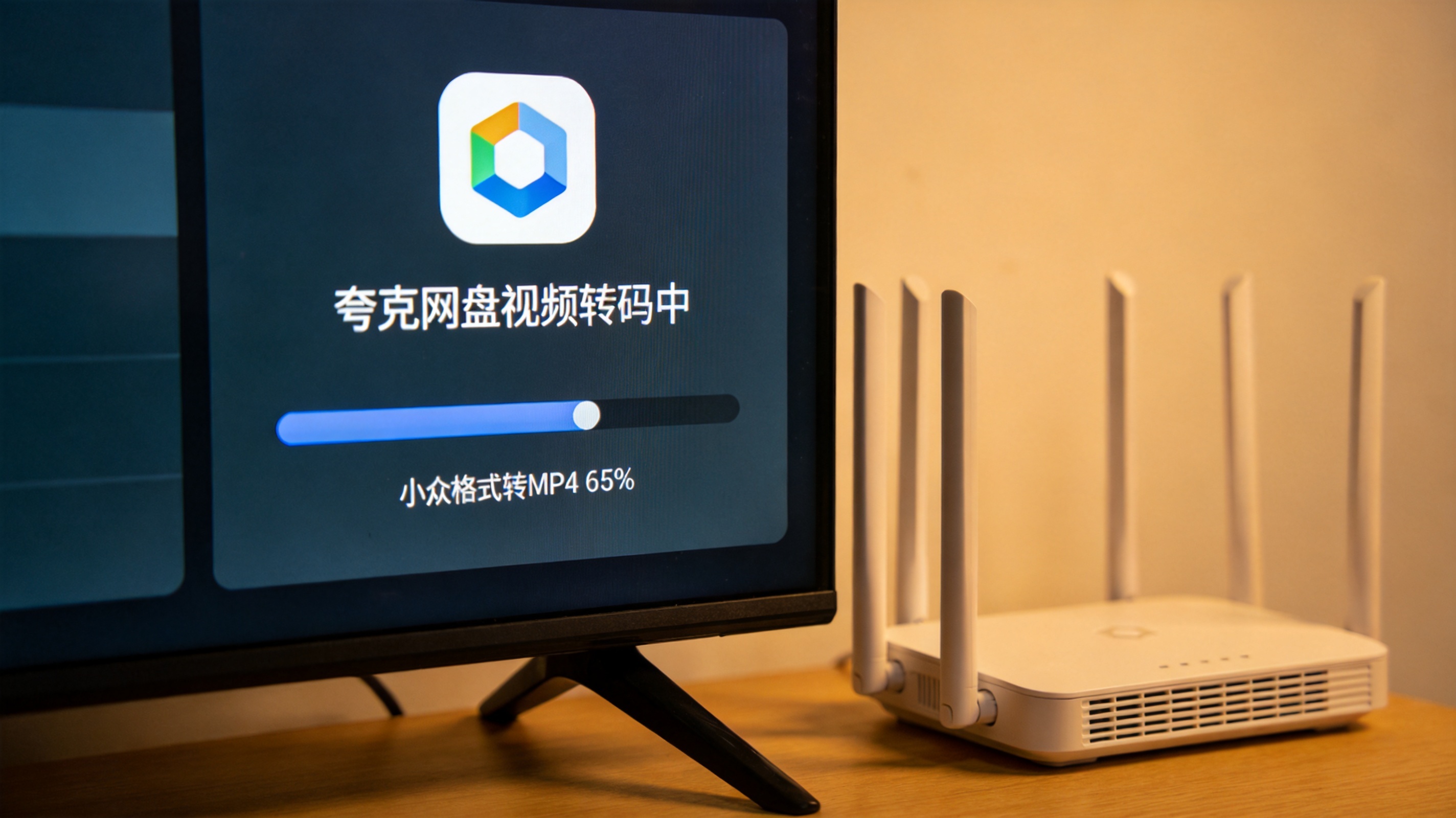 电视屏幕显示夸克网盘视频转码界面，正在将小众格式视频转为MP4，旁边放着路由器