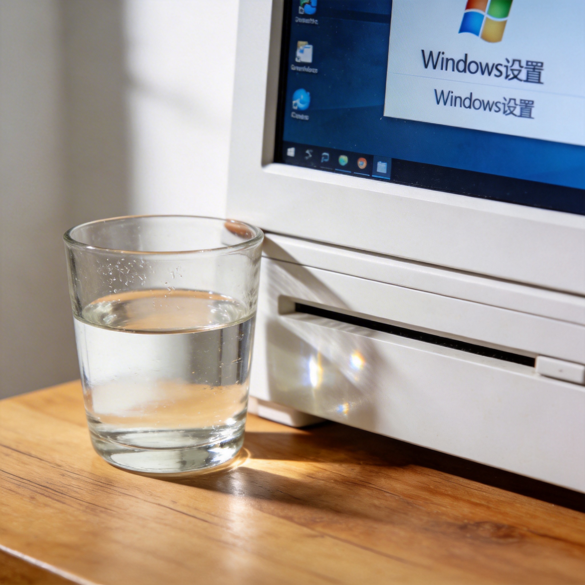 书桌上的主机，屏幕显示Windows设置界面，桌角放着水杯，自然光