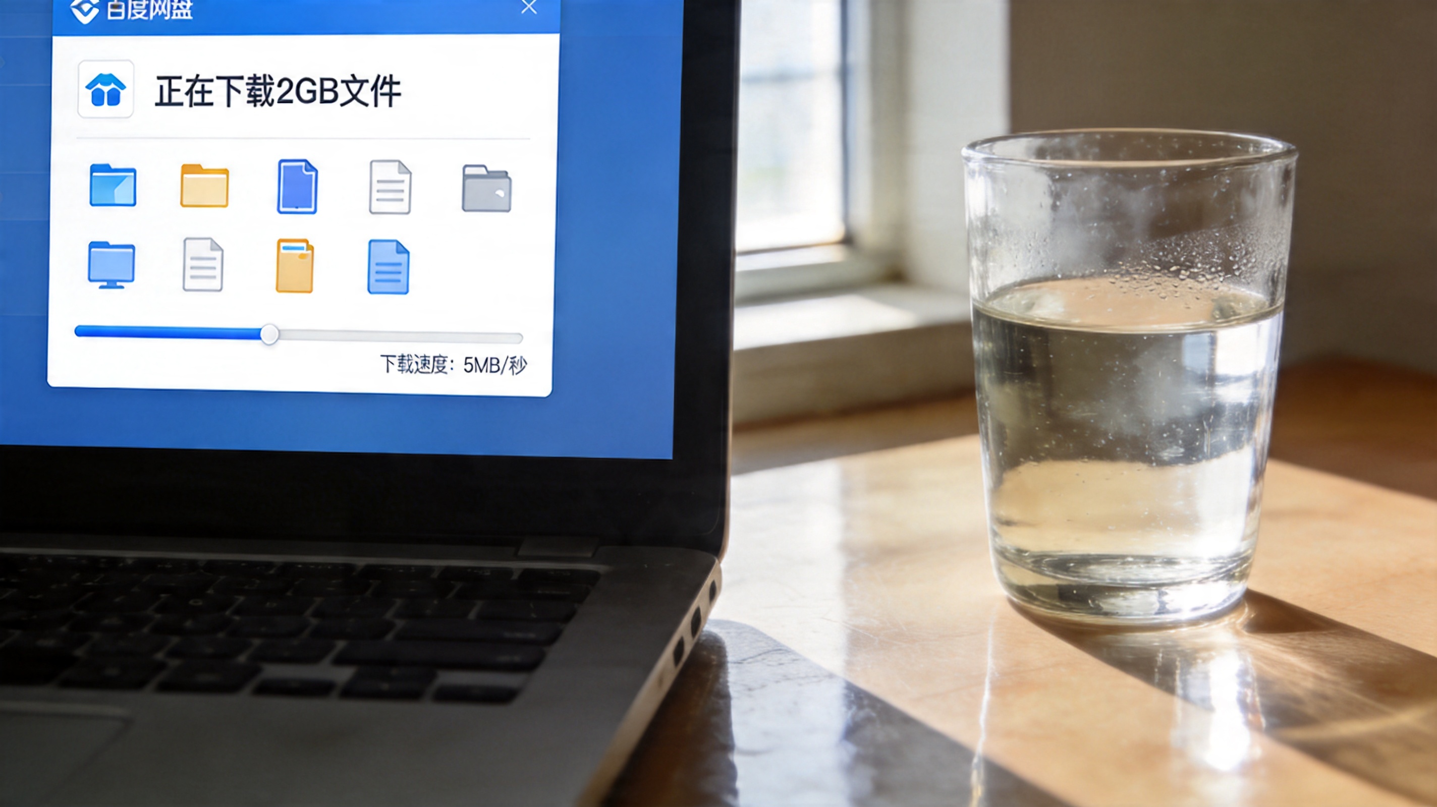 电脑桌面，屏幕显示百度网盘客户端界面，正在下载2GB的文件，下载速度显示5MB每秒，旁边放着半杯水，室内自然光