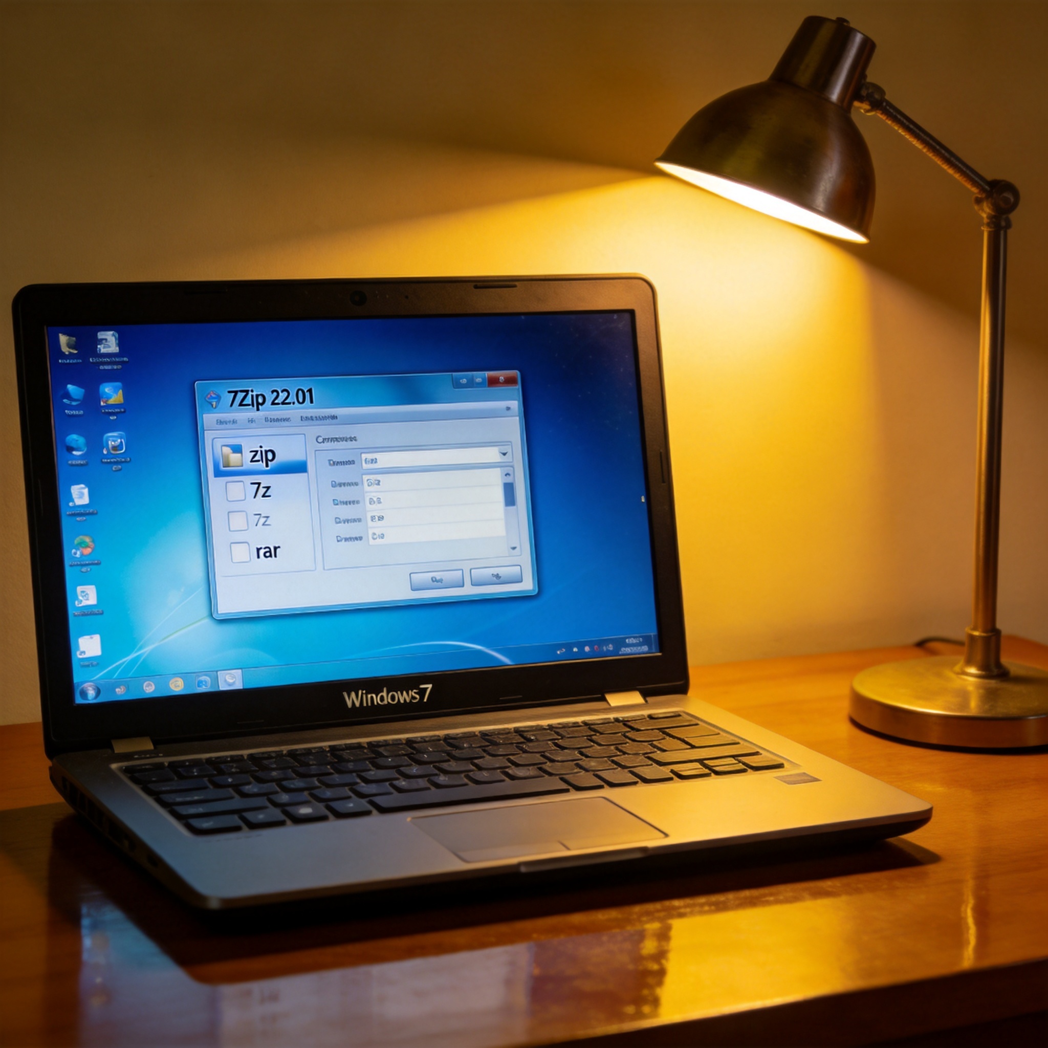 书桌的Windows7系统电脑，屏幕显示7Zip 22.01版本的压缩格式选择界面，旁边立着台灯，暖光照射桌面
