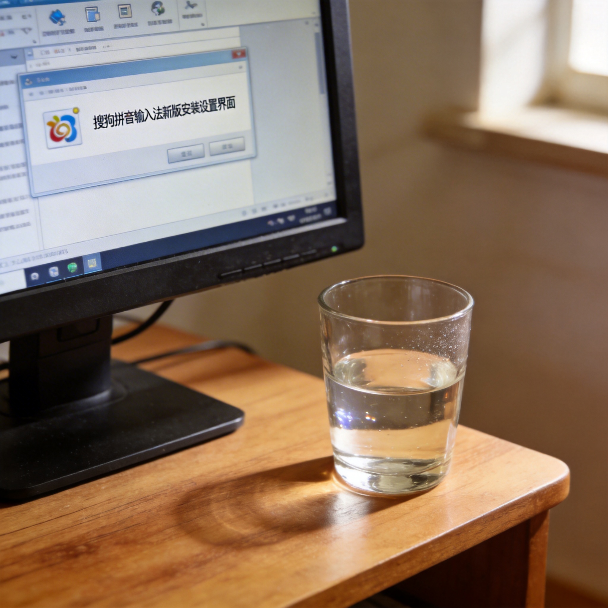 书桌上的主机，屏幕显示搜狗拼音输入法新版安装设置界面，桌角放着水杯，自然光
