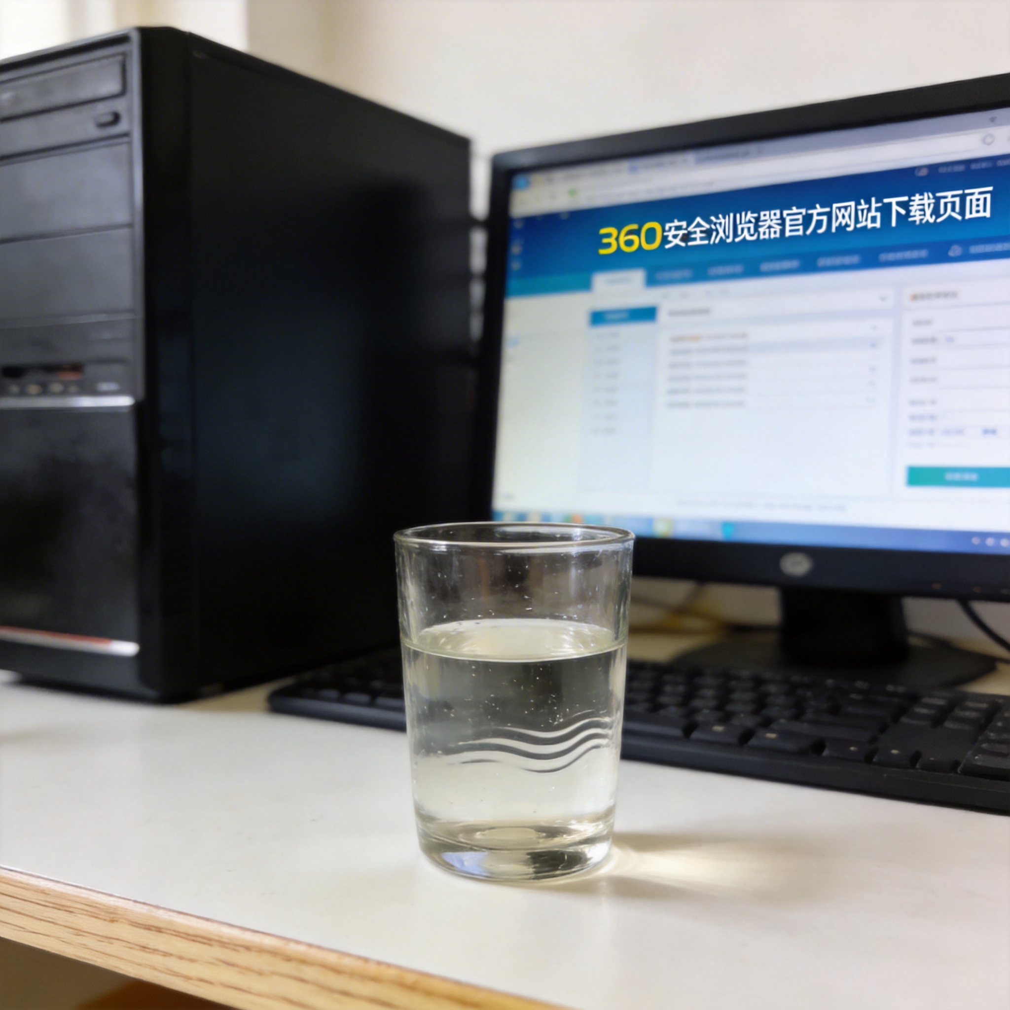 电脑桌前的台式机，屏幕显示360安全浏览器官方网站下载页面，桌面上放着半杯温水，室内自然光