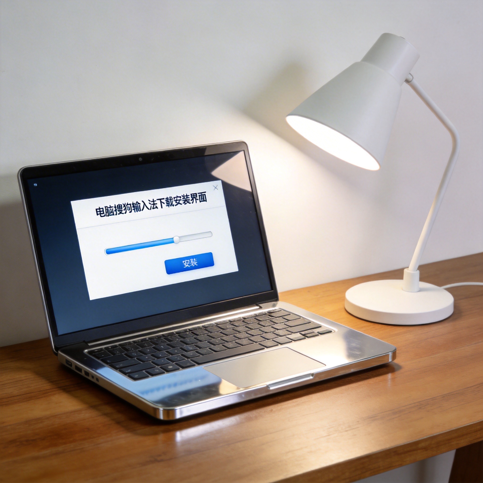 电脑桌上的电脑，屏幕显示电脑搜狗输入法下载安装界面，旁边放着台灯