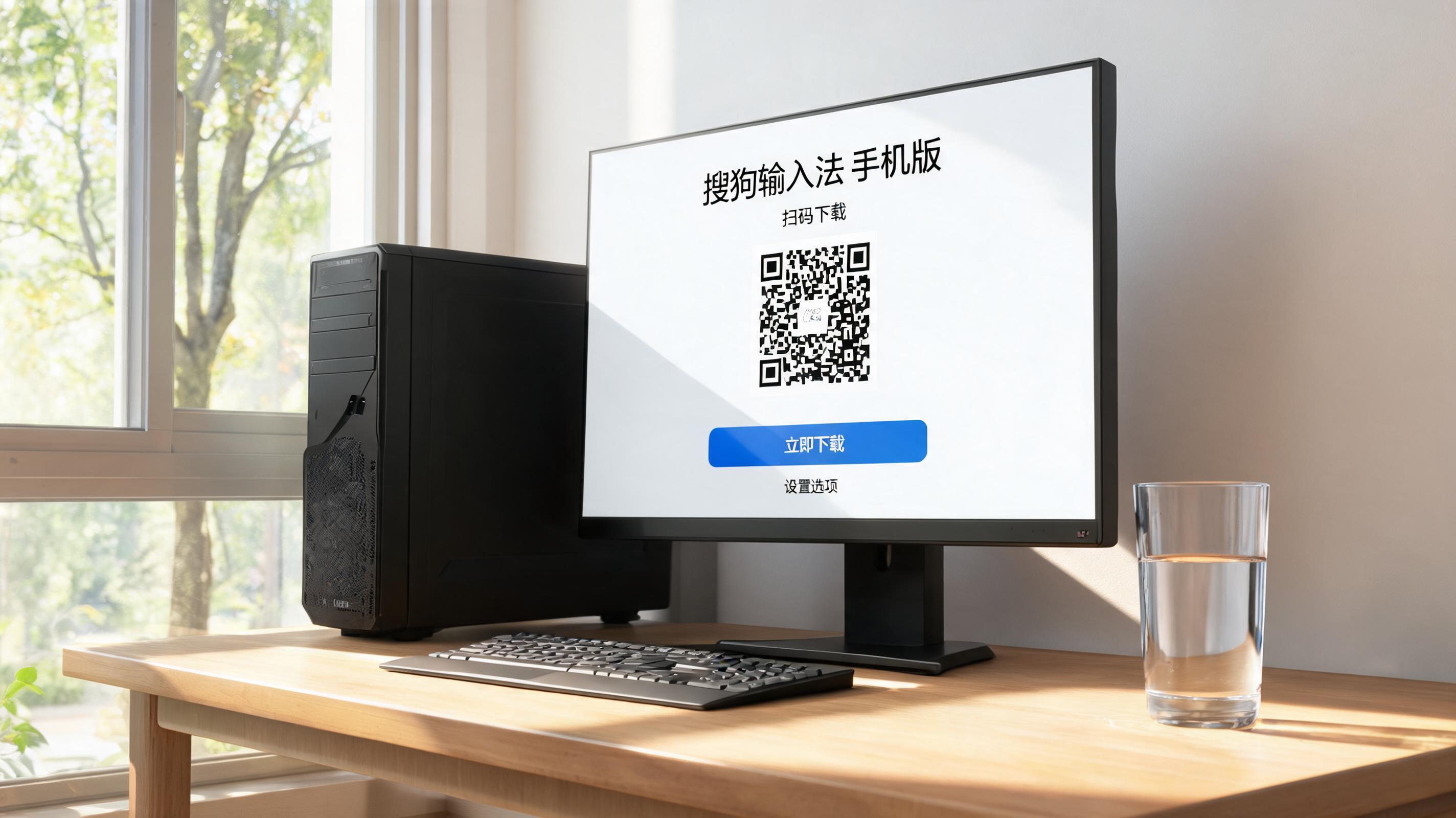 书桌上的主机，屏幕显示搜狗输入法手机版下载设置界面，桌角放着水杯，自然光