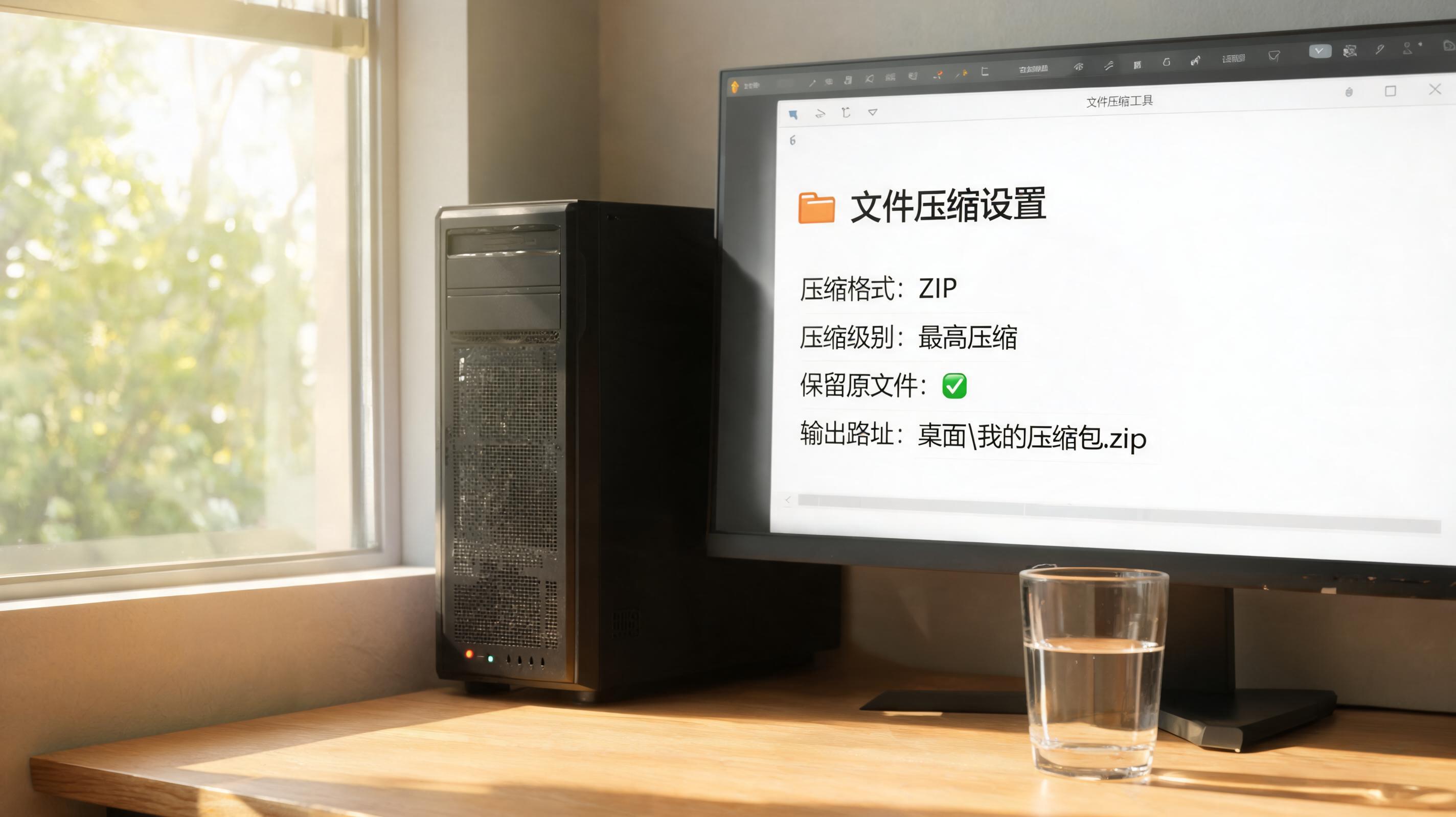 书桌上的主机，屏幕显示文件压缩设置界面，桌角放着水杯，自然光