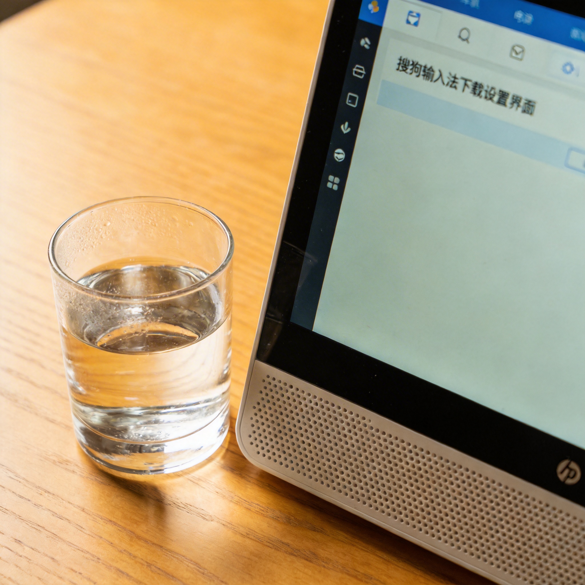 书桌上的主机，屏幕显示搜狗输入法下载设置界面，桌角放着水杯，自然光