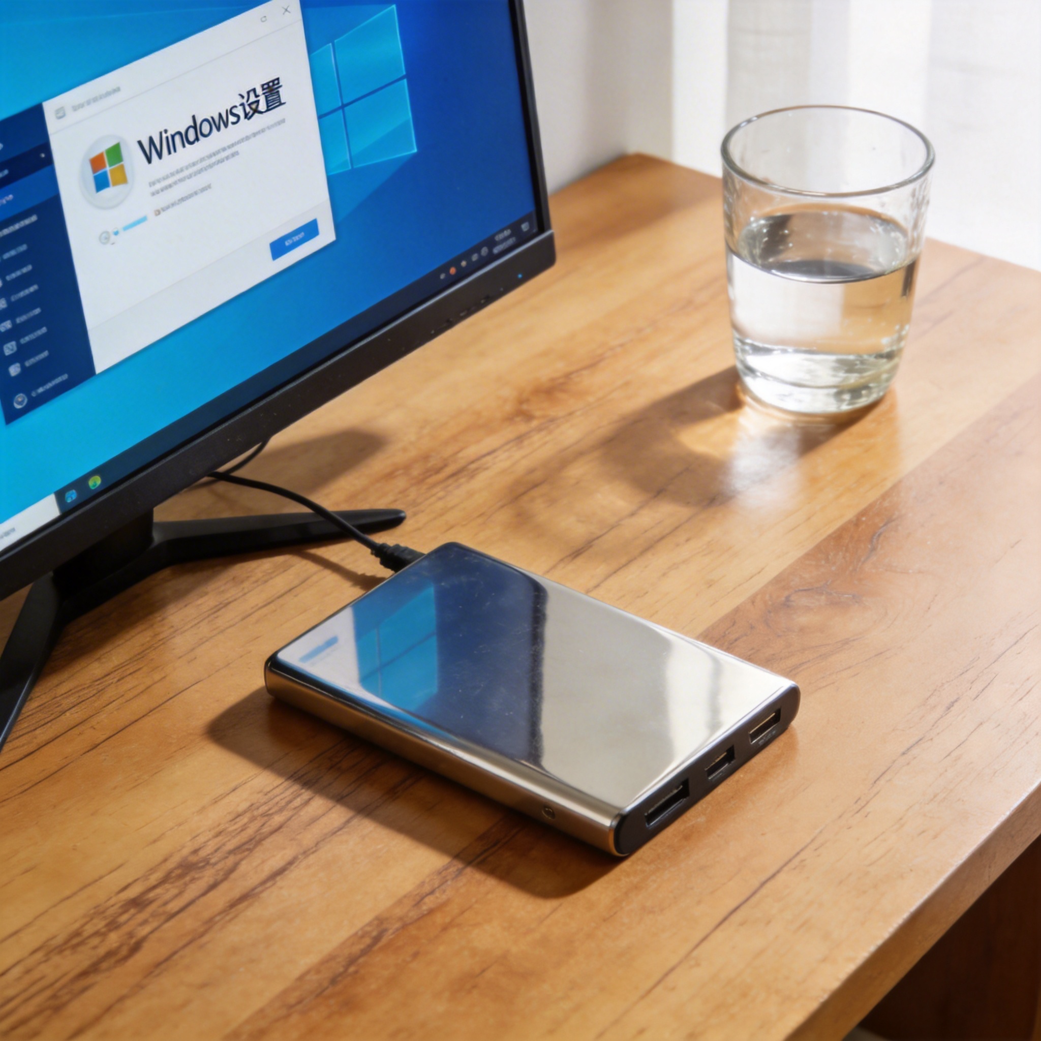 书桌上的移动硬盘，屏幕显示Windows设置界面，桌角放着水杯，自然光