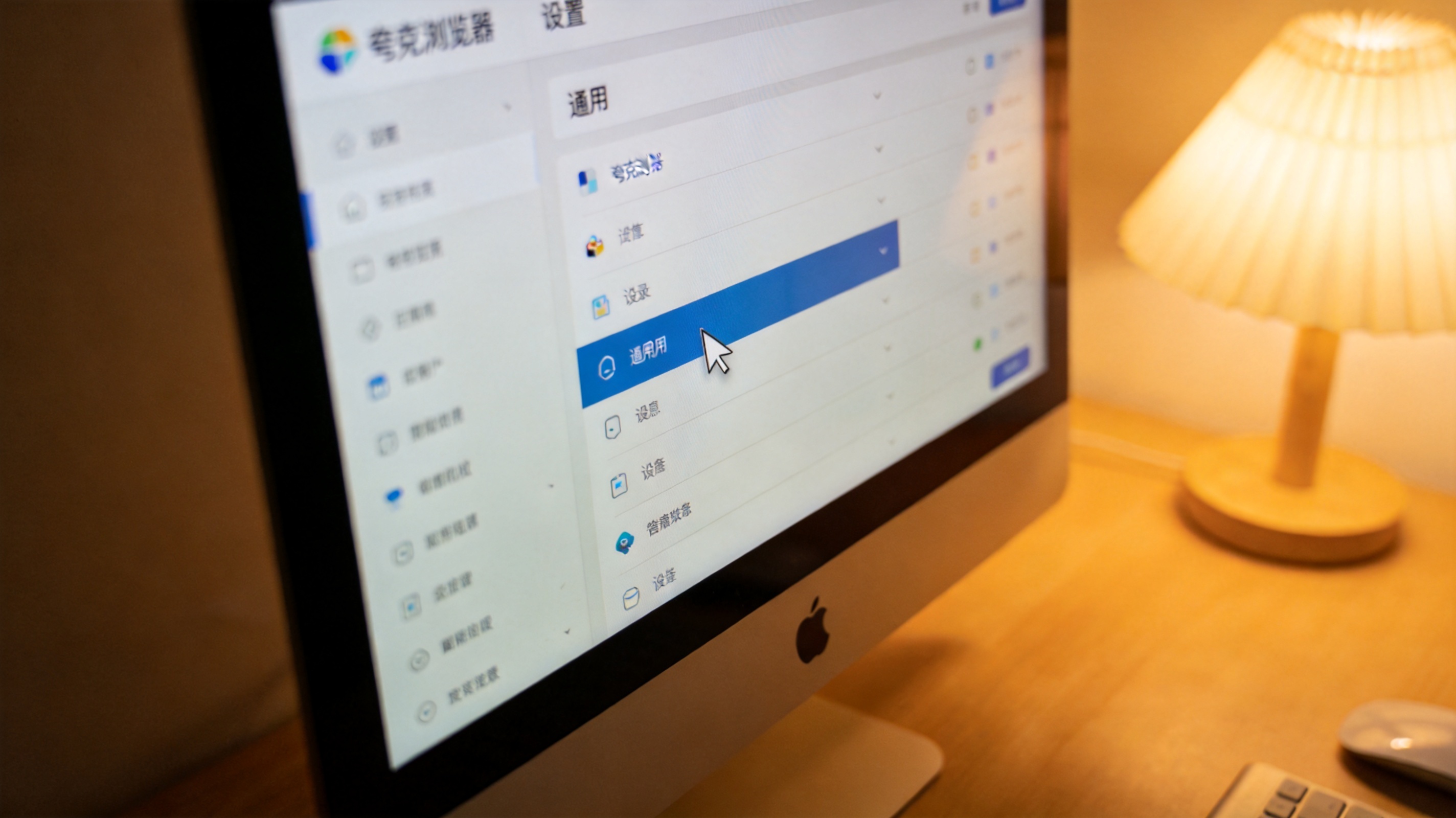 电脑屏幕显示夸克浏览器的设置页面，光标停在通用选项上，桌面角落有台灯，暖光