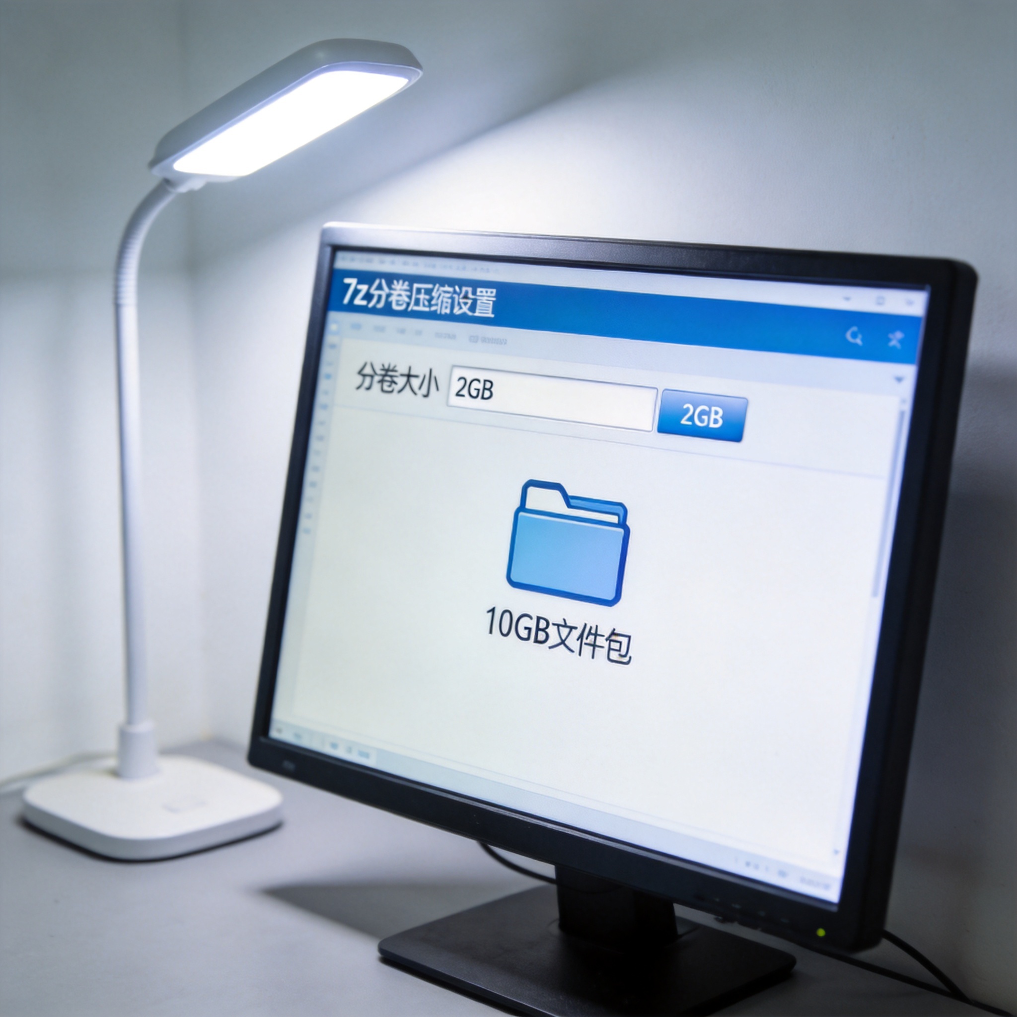 电脑屏幕显示7z分卷压缩设置界面，设置分卷大小为2GB，桌面上有10GB大小的文件包，台灯冷光
