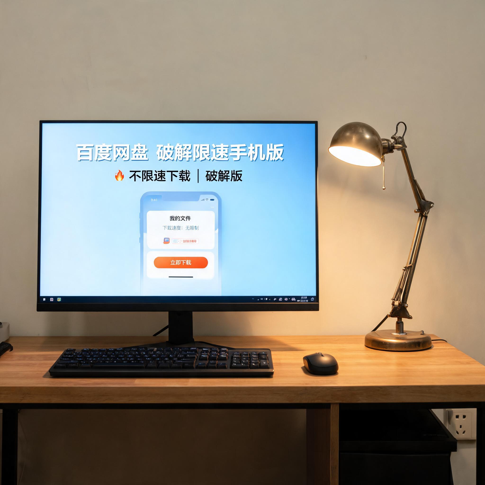 电脑桌上的电脑，屏幕显示百度网盘破解限速手机版界面，旁边放着台灯