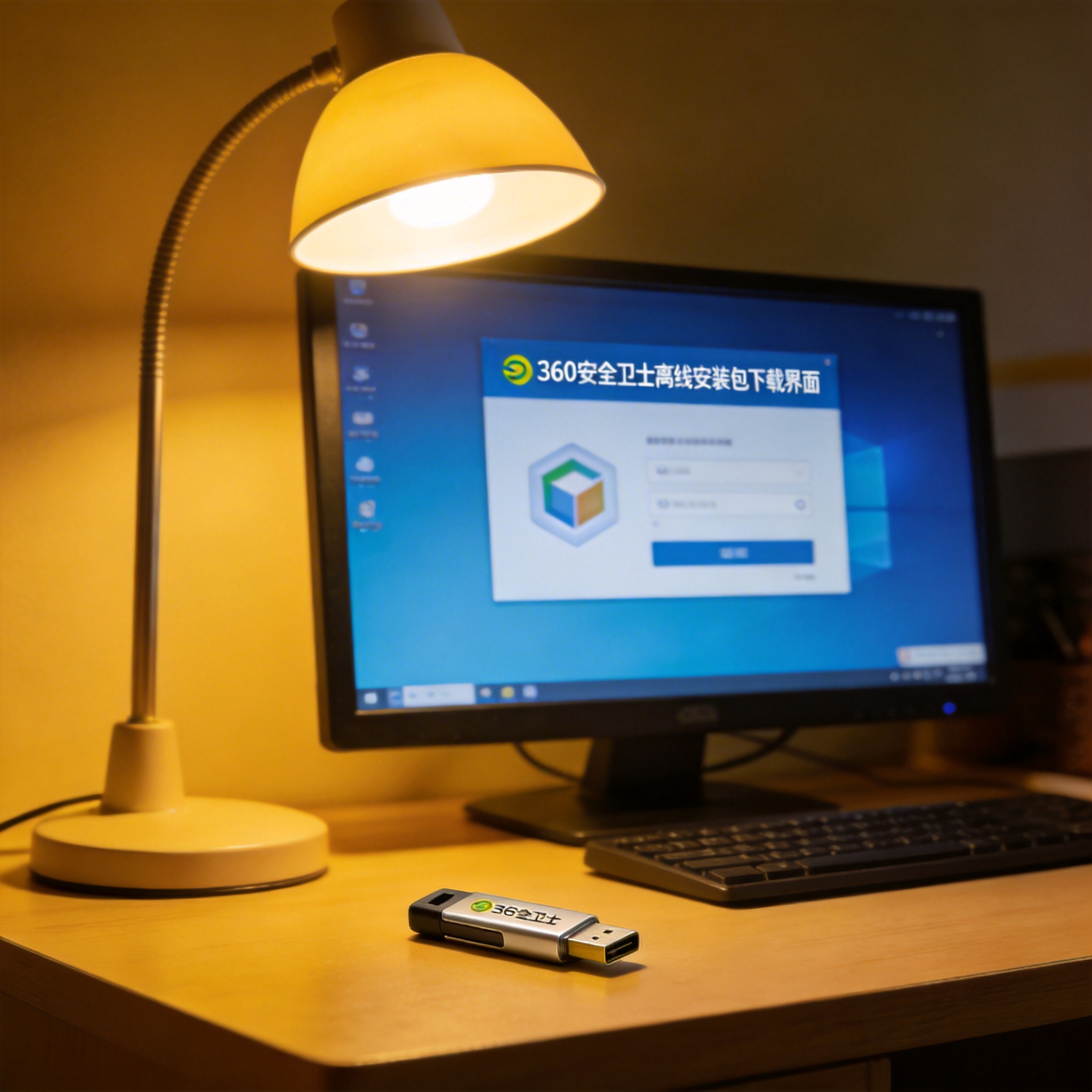 电脑桌上的U盘，屏幕显示360 安全卫士离线安装包下载界面，旁边放着台灯