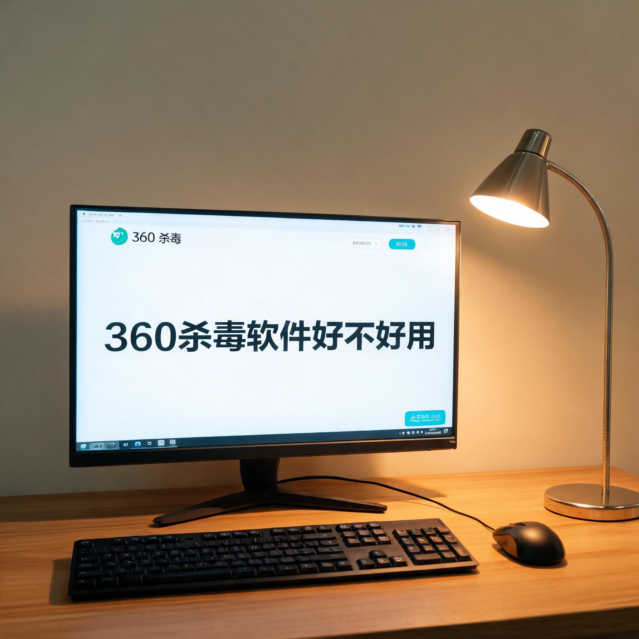 电脑桌上的电脑，屏幕显示360 杀毒软件好不好用界面，旁边放着台灯