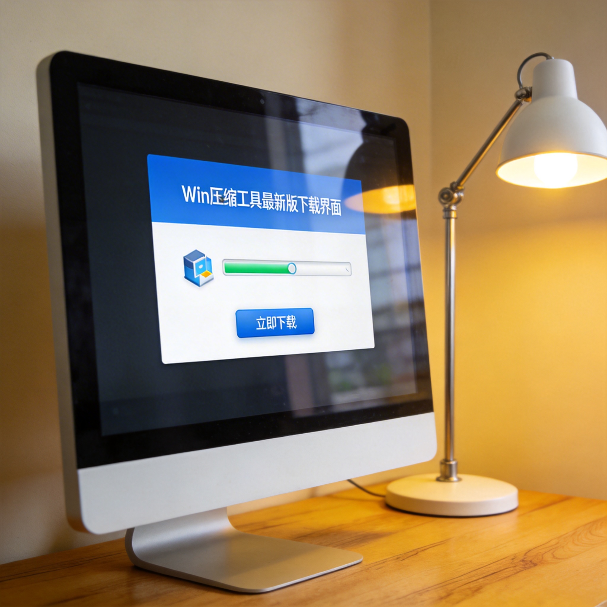 电脑桌上的电脑，屏幕显示win 压缩工具最新版下载界面，旁边放着台灯