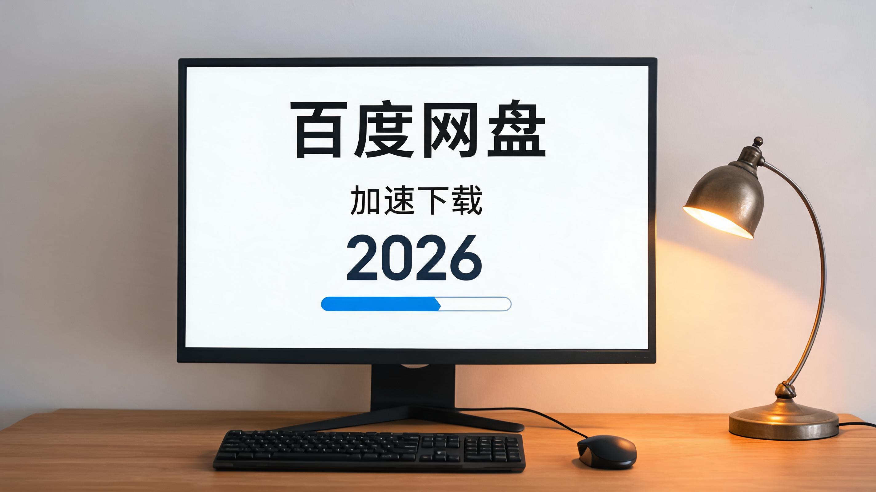 电脑桌上的电脑，屏幕显示百度网盘加速下载 2026界面，旁边放着台灯