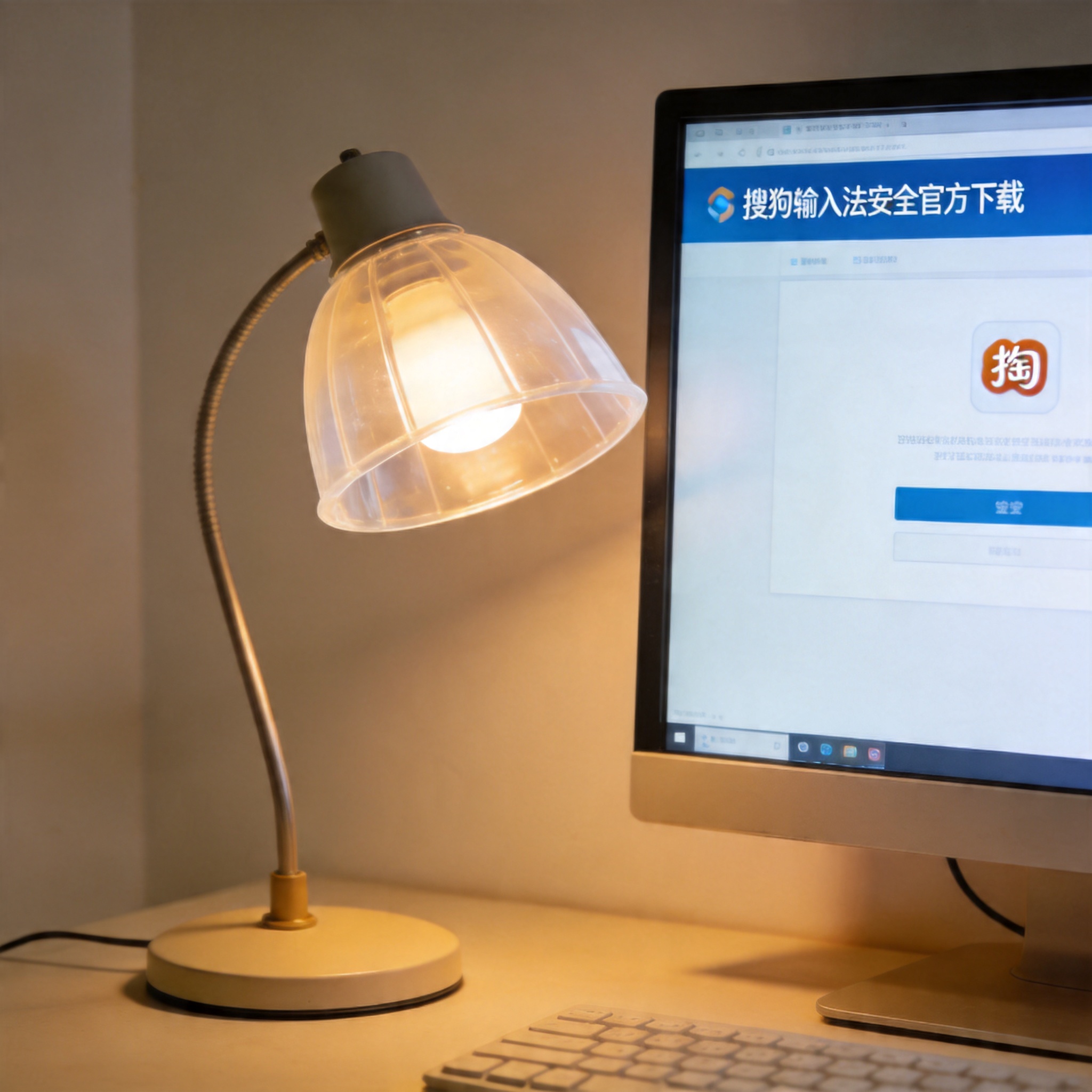 电脑桌上的电脑，屏幕显示搜狗输入法安全官方下载界面，旁边放着台灯