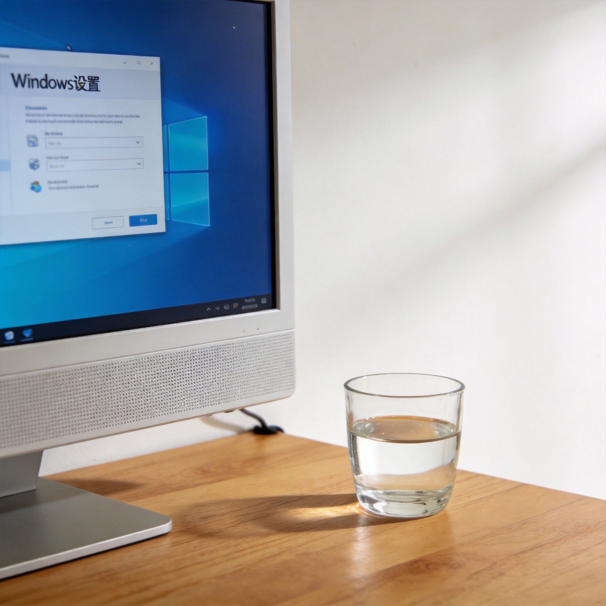书桌上的主机，屏幕显示Windows设置界面，桌角放着水杯，自然光