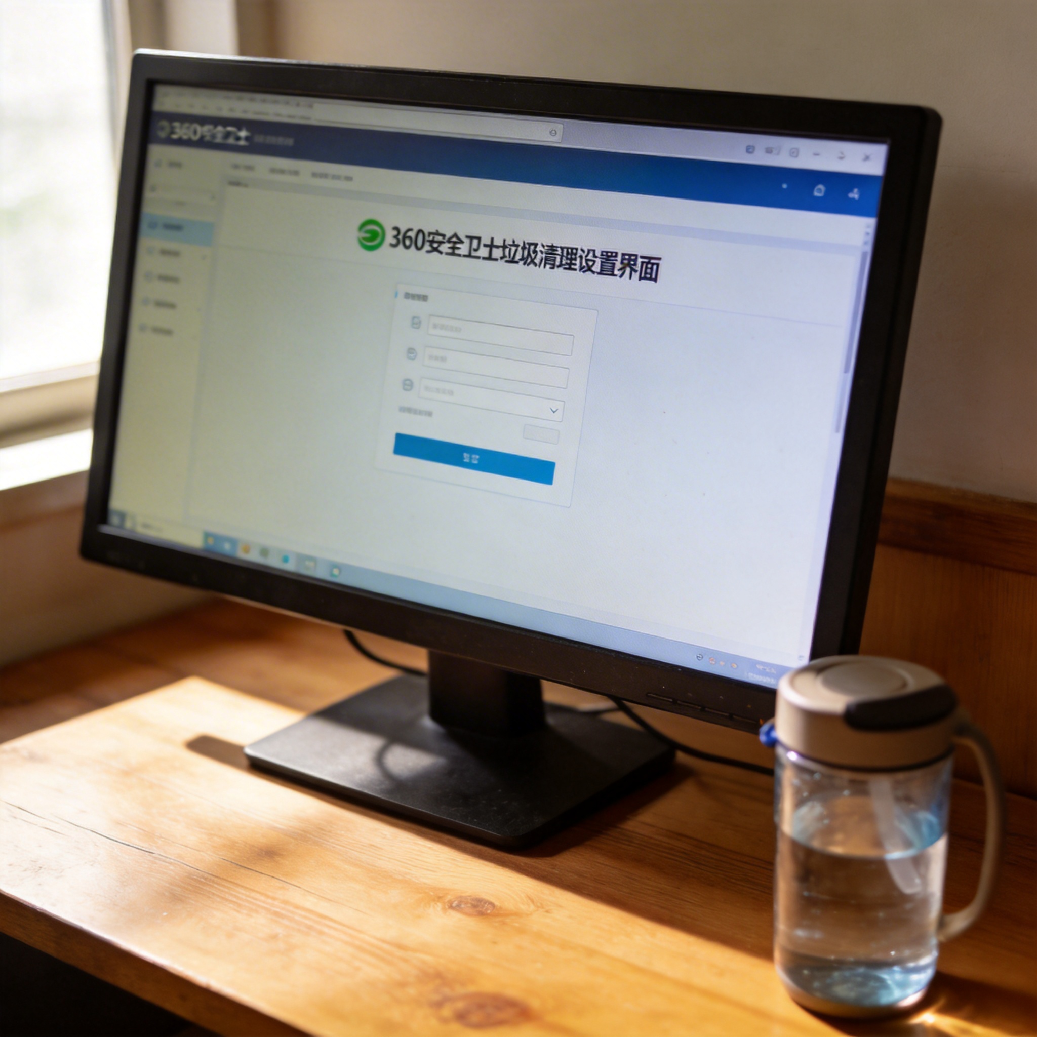 书桌上的电脑，屏幕显示360 安全卫士垃圾清理设置界面，桌角放着水杯，自然光