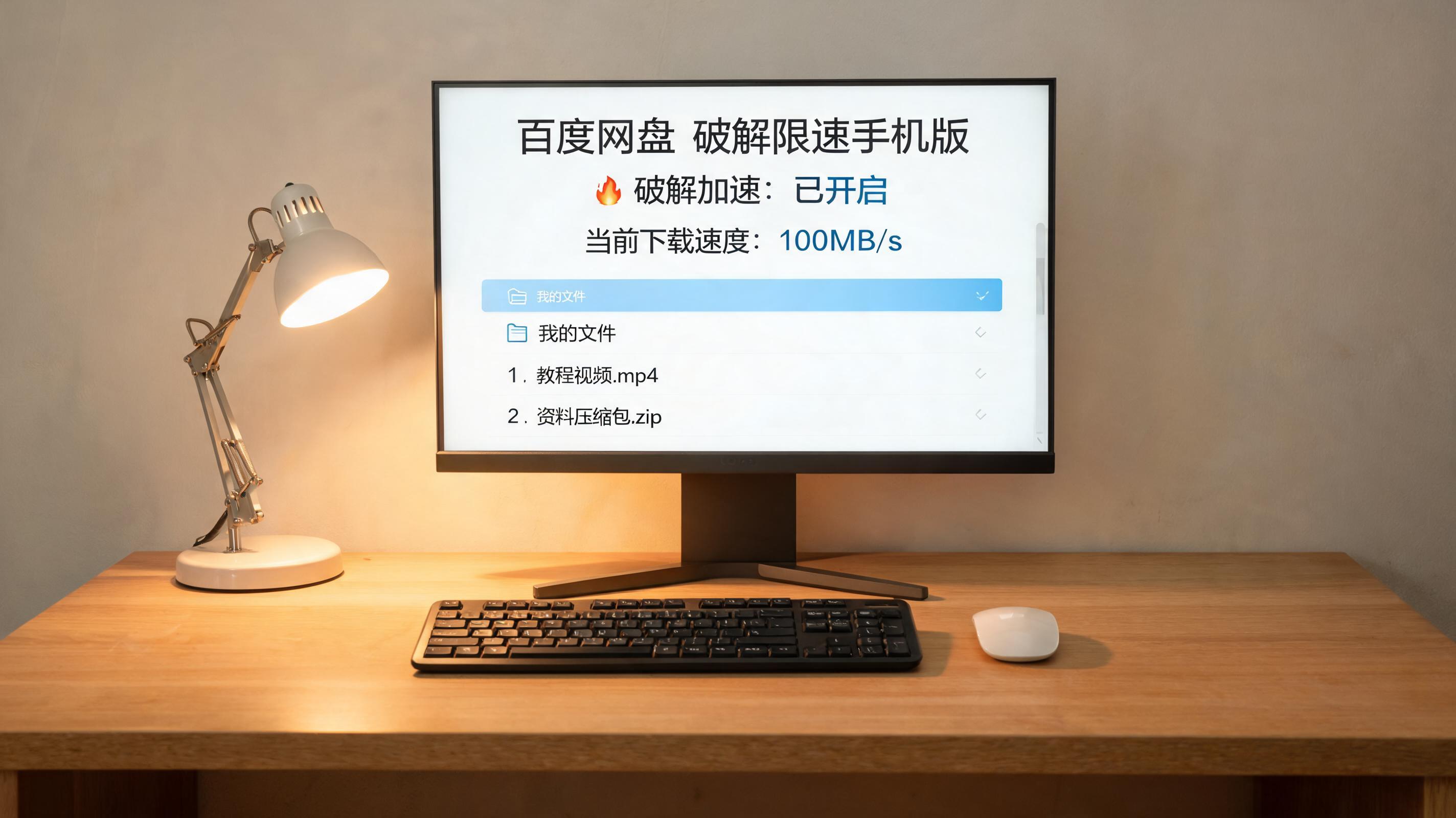 电脑桌上的电脑，屏幕显示百度网盘破解限速手机版界面，旁边放着台灯