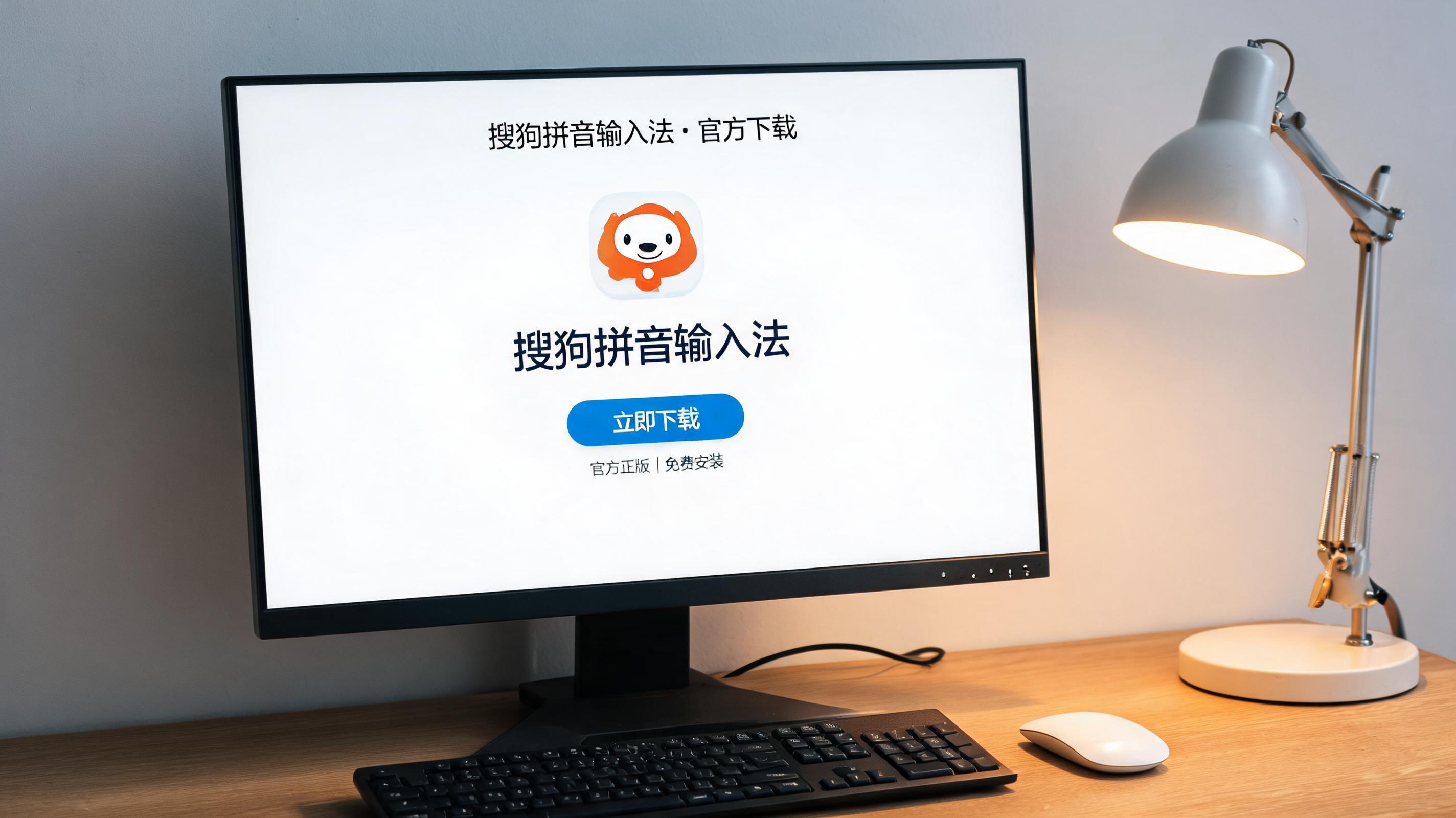 电脑桌上的电脑，屏幕显示搜狗拼音输入法下载桌面，旁边放着台灯