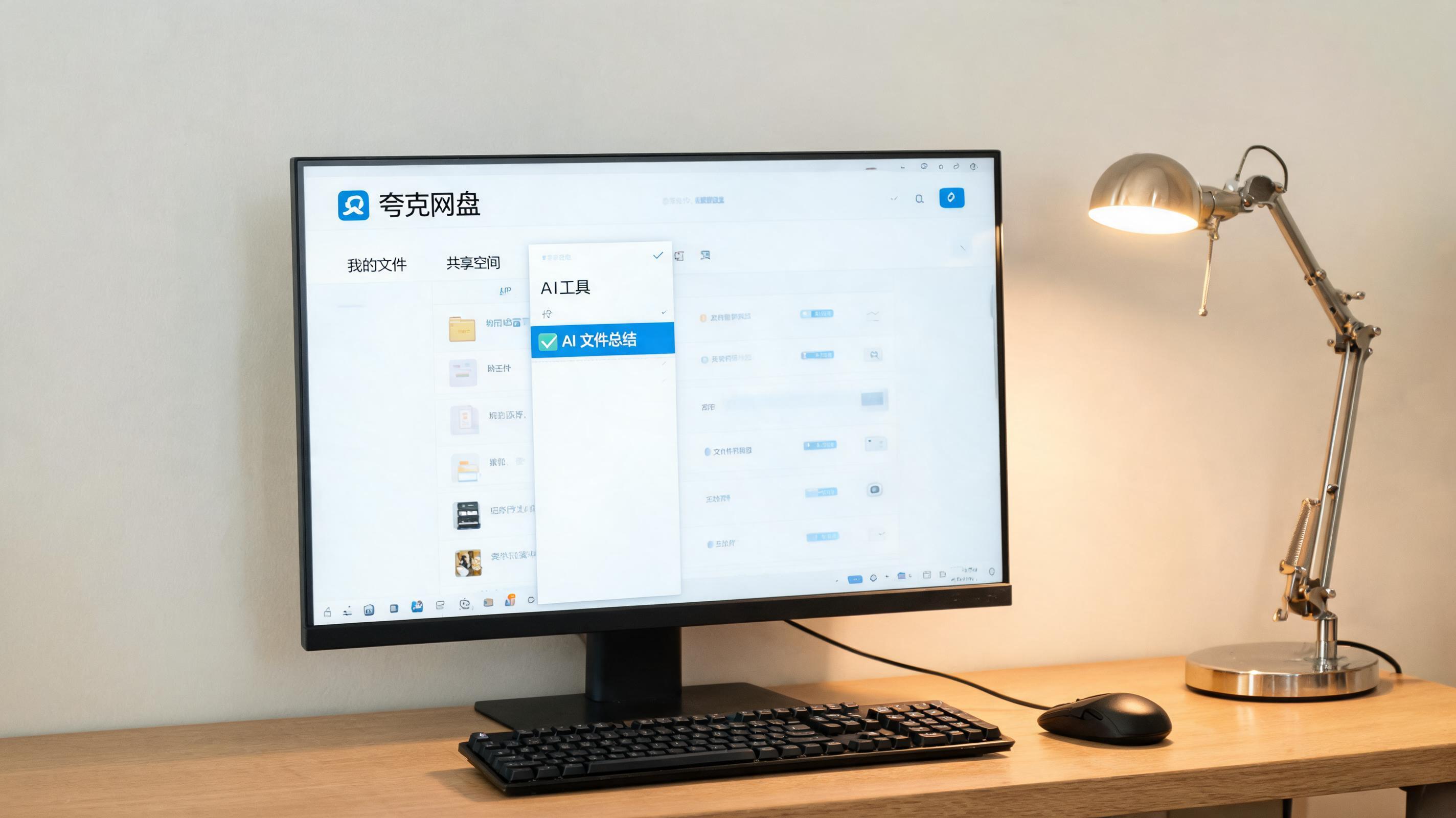 电脑桌上的电脑，屏幕显示夸克网盘 AI 文件总结功能菜单，旁边放着台灯