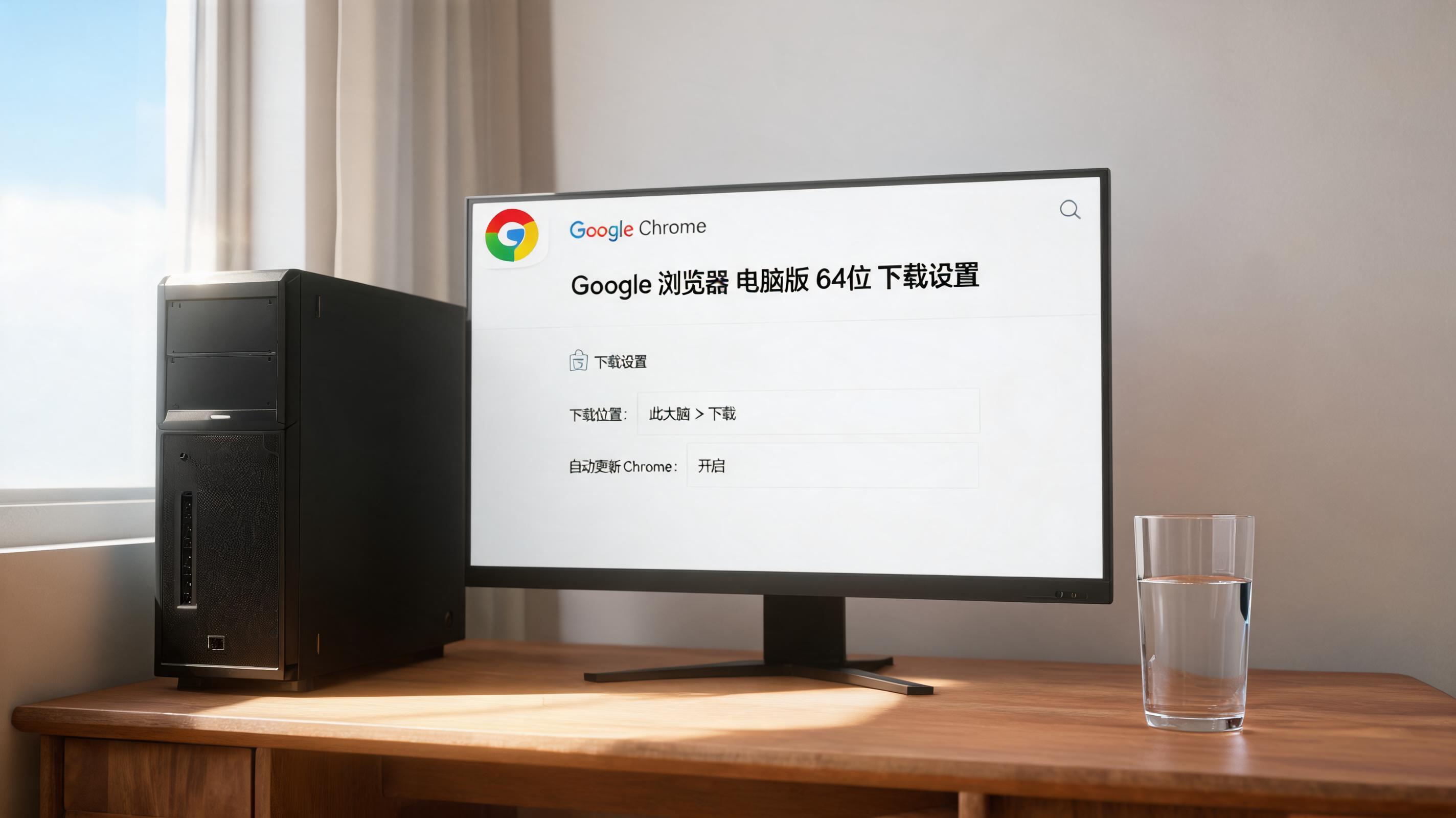 书桌上的主机，屏幕显示guge浏览器电脑版64位下载设置界面，桌角放着水杯，自然光