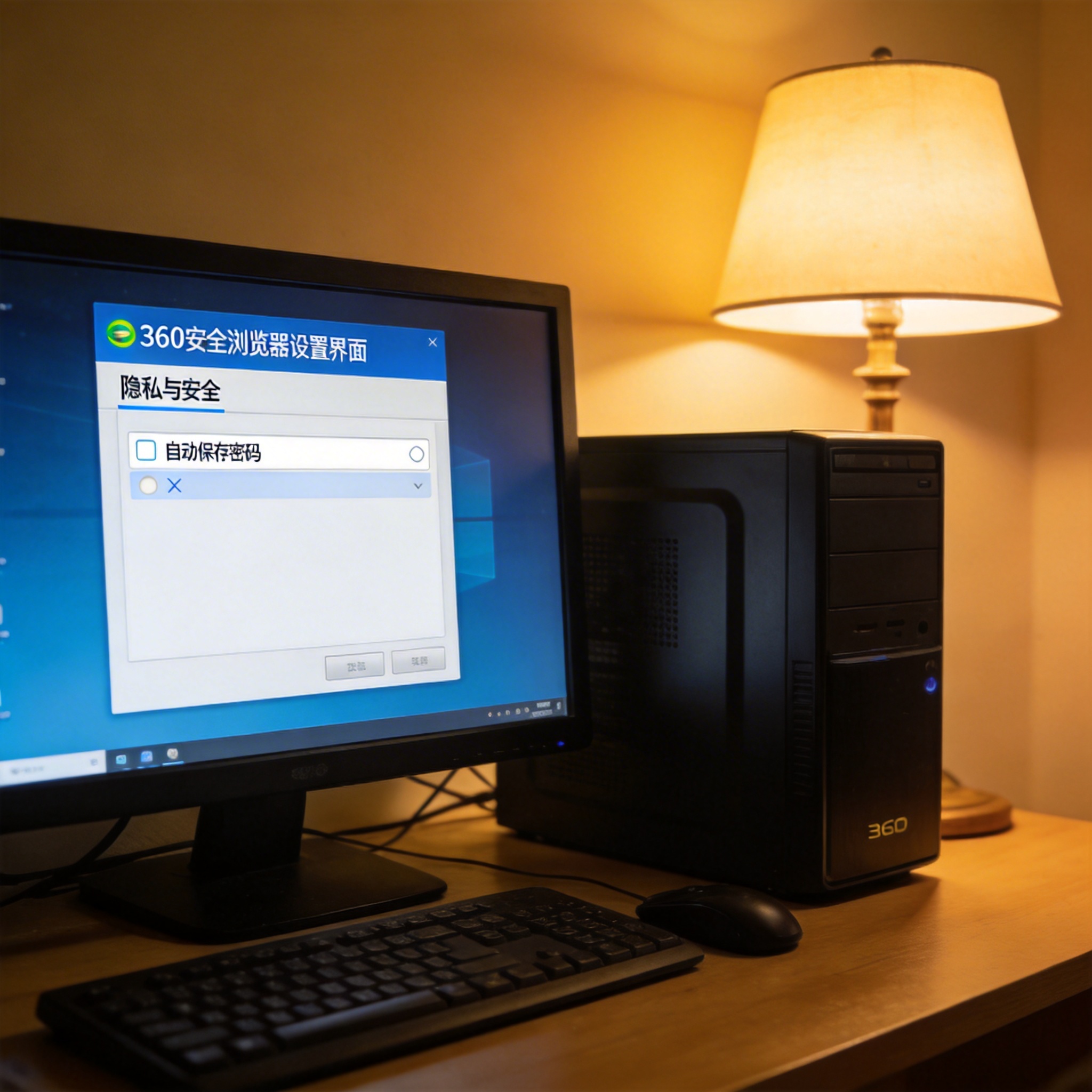电脑桌前的台式机，屏幕显示360安全浏览器设置界面，隐私与安全板块里自动保存密码选项处于关闭状态，台灯暖光