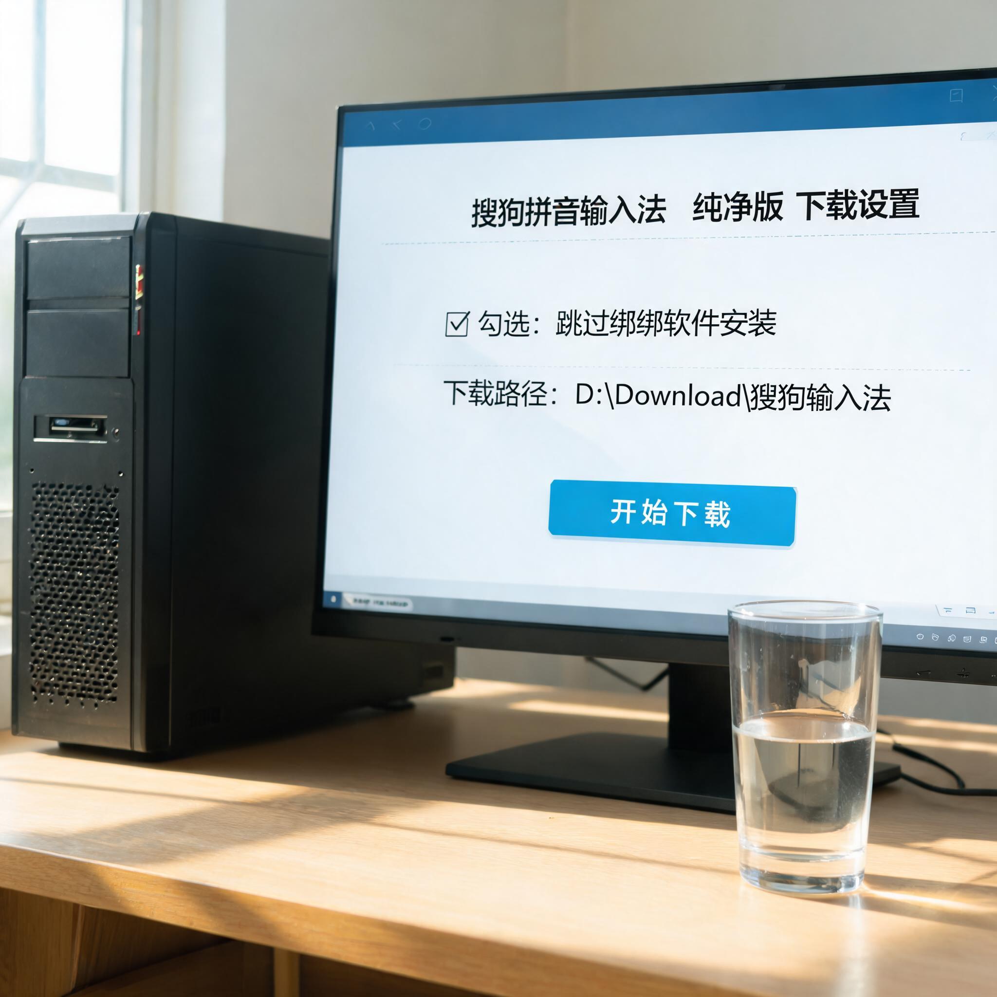书桌上的主机，屏幕显示搜狗拼音输入法纯净版下载设置界面，桌角放着水杯，自然光