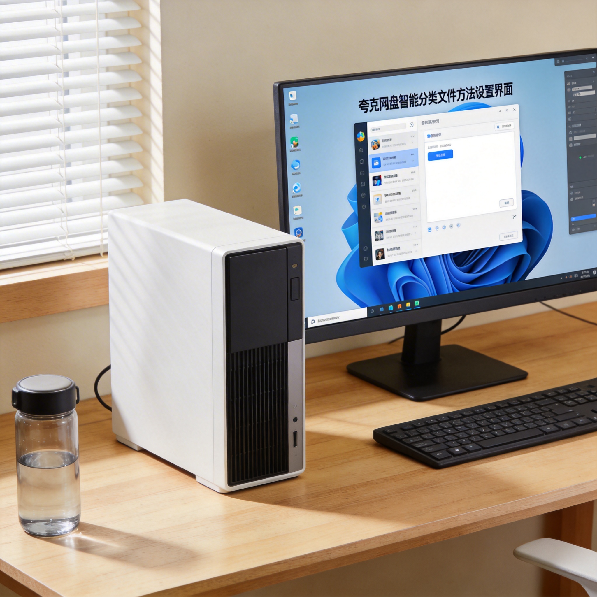 书桌上的主机，屏幕显示夸克网盘智能分类文件方法设置界面，桌角放着水杯，自然光