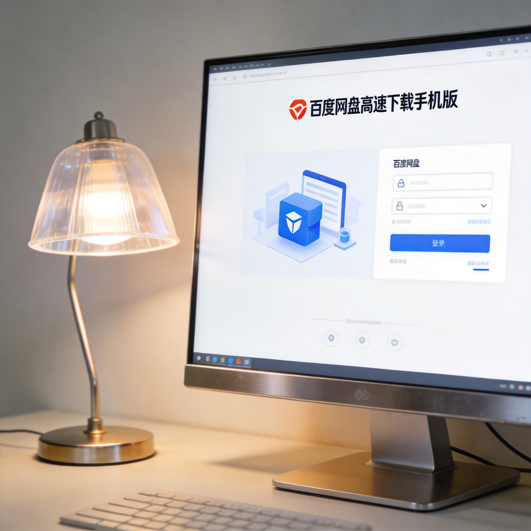 电脑桌上的电脑，屏幕显示百度网盘高速下载手机版界面，旁边放着台灯