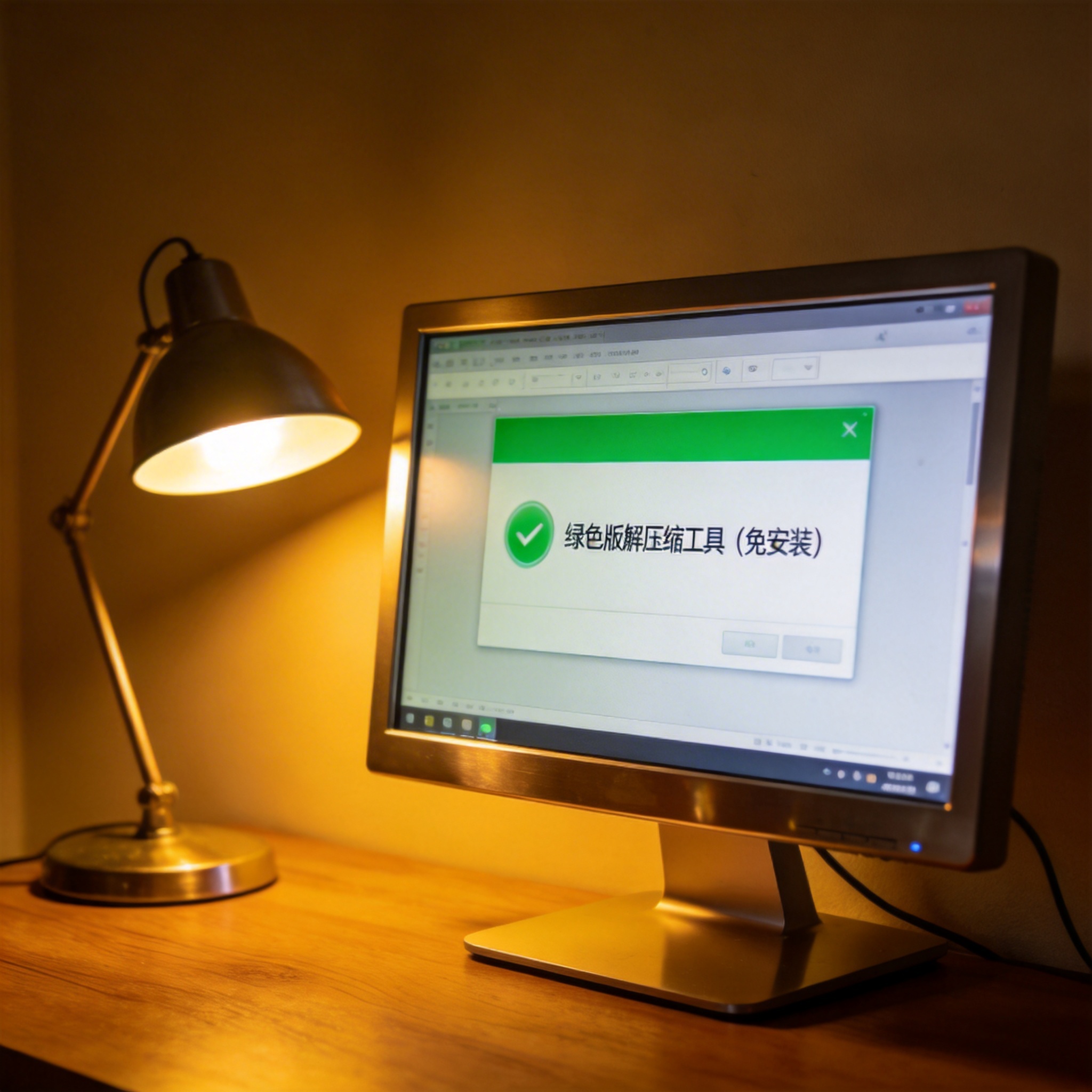 电脑桌上的电脑，屏幕显示绿色版解压缩工具免安装界面，旁边放着台灯