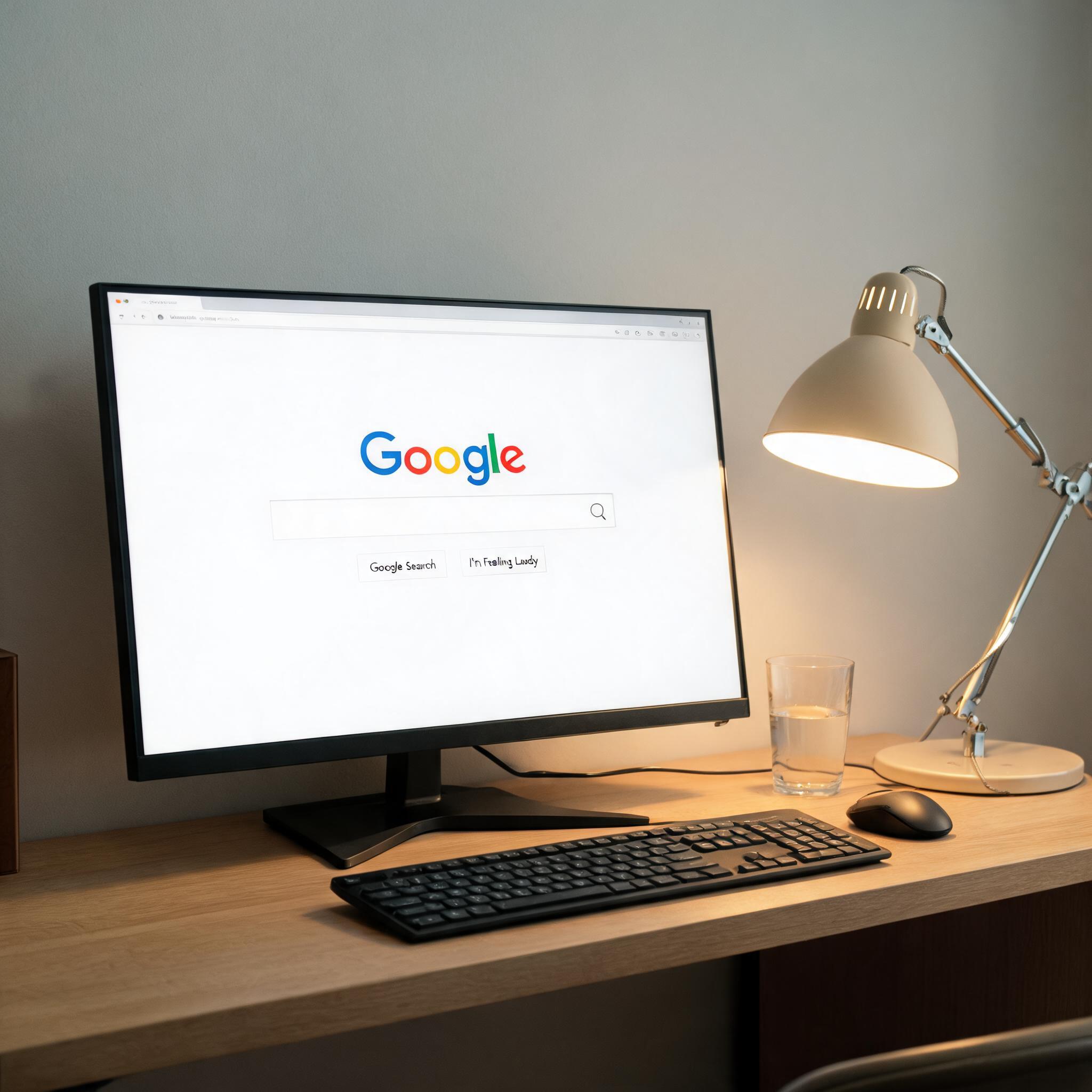 电脑桌上的电脑，屏幕显示google界面，旁边放着台灯