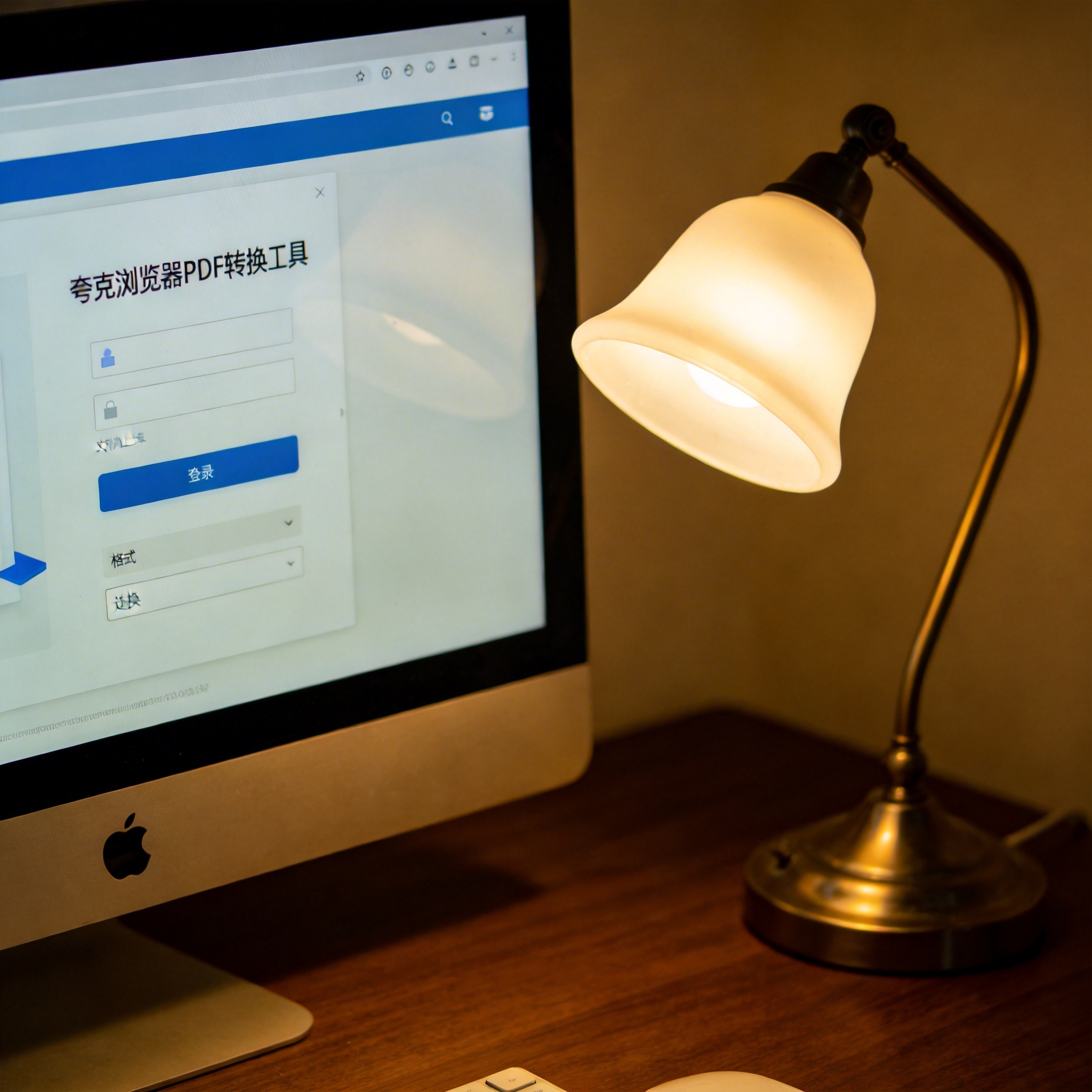 电脑桌上的电脑，屏幕显示夸克浏览器 PDF 转换工具界面，旁边放着台灯