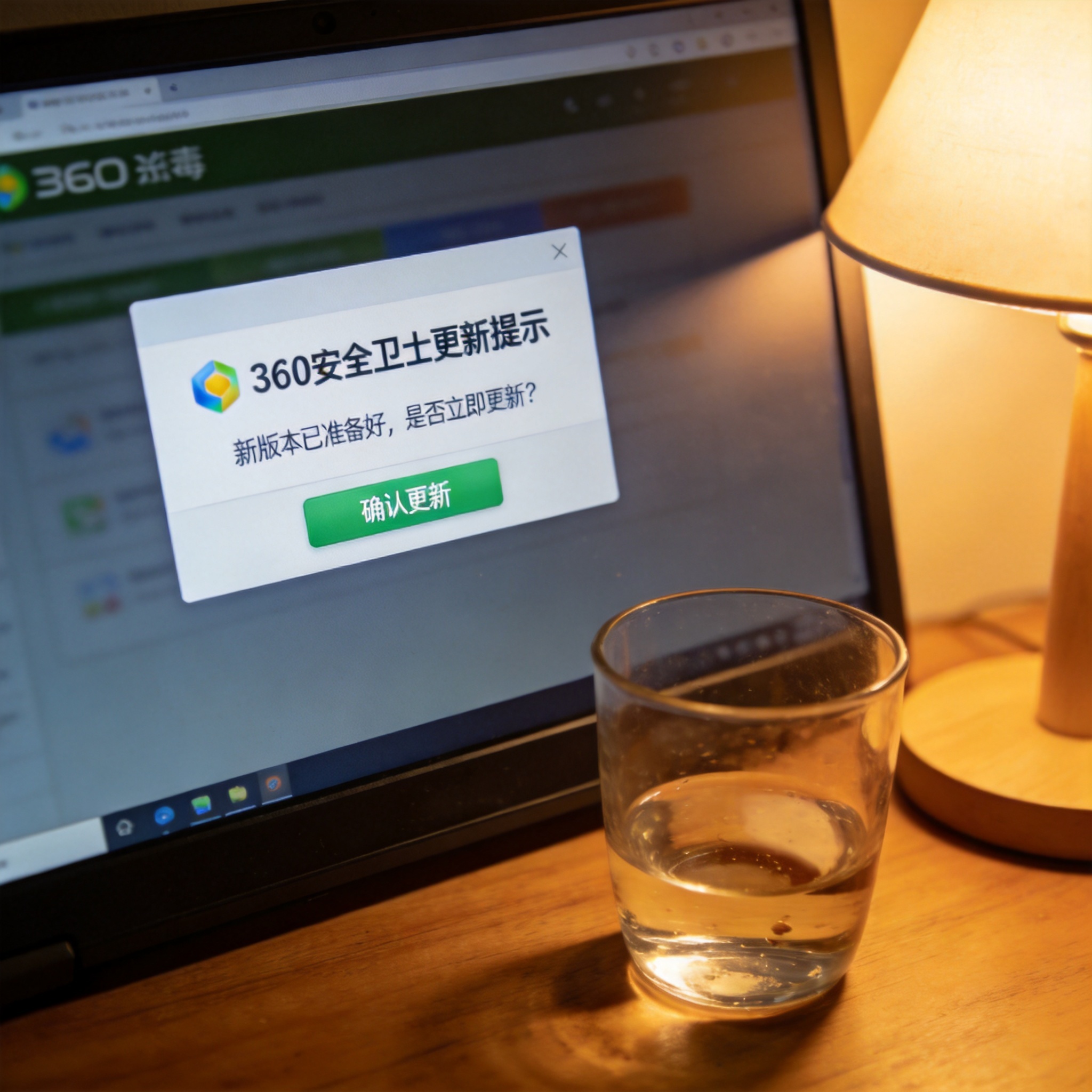 电脑屏幕显示360杀毒软件的更新提示弹窗，下方有确认按钮，旁边的水杯剩小半杯水，台灯暖光