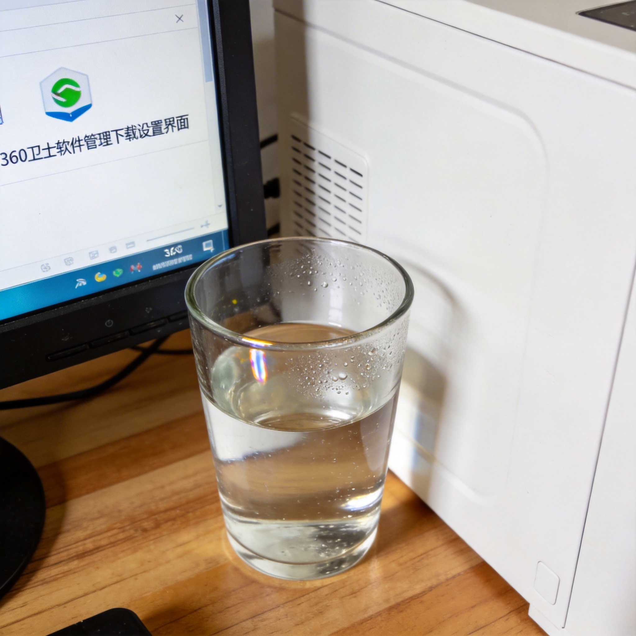 书桌上的主机，屏幕显示360 卫士软件管理下载设置界面，桌角放着水杯，自然光