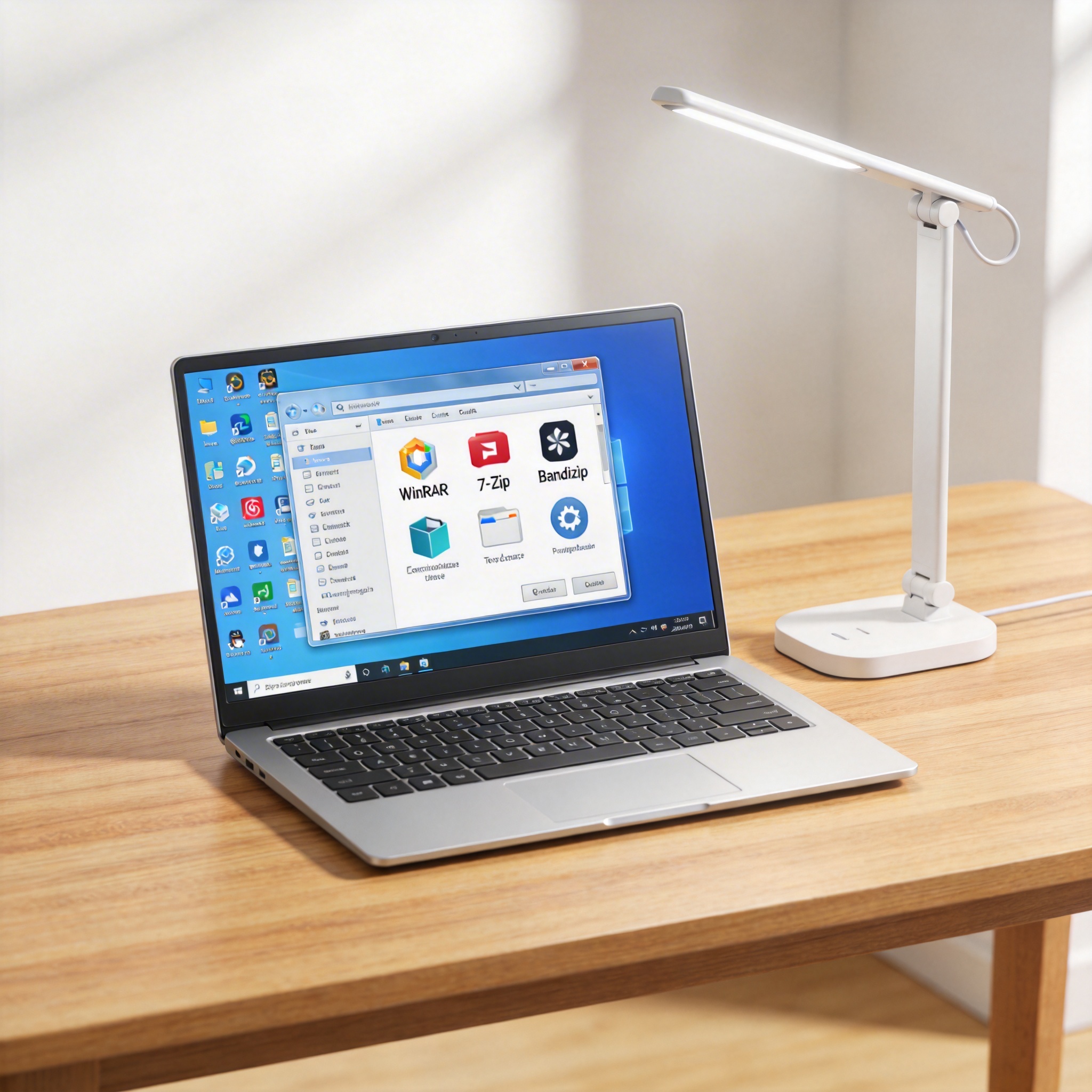 电脑桌上的电脑，屏幕显示多格式兼容解压缩软件桌面，旁边放着台灯