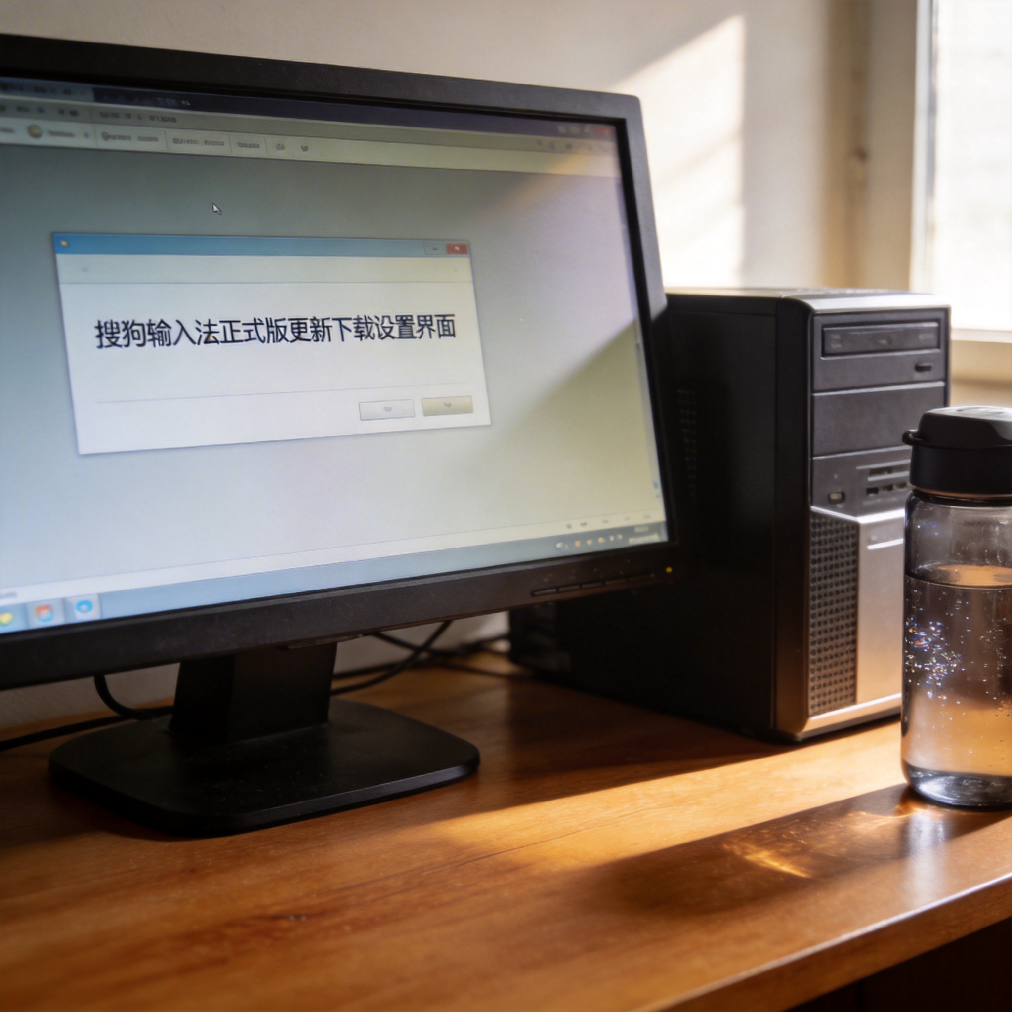 书桌上的主机，屏幕显示搜狗输入法正式版更新下载设置界面，桌角放着水杯，自然光